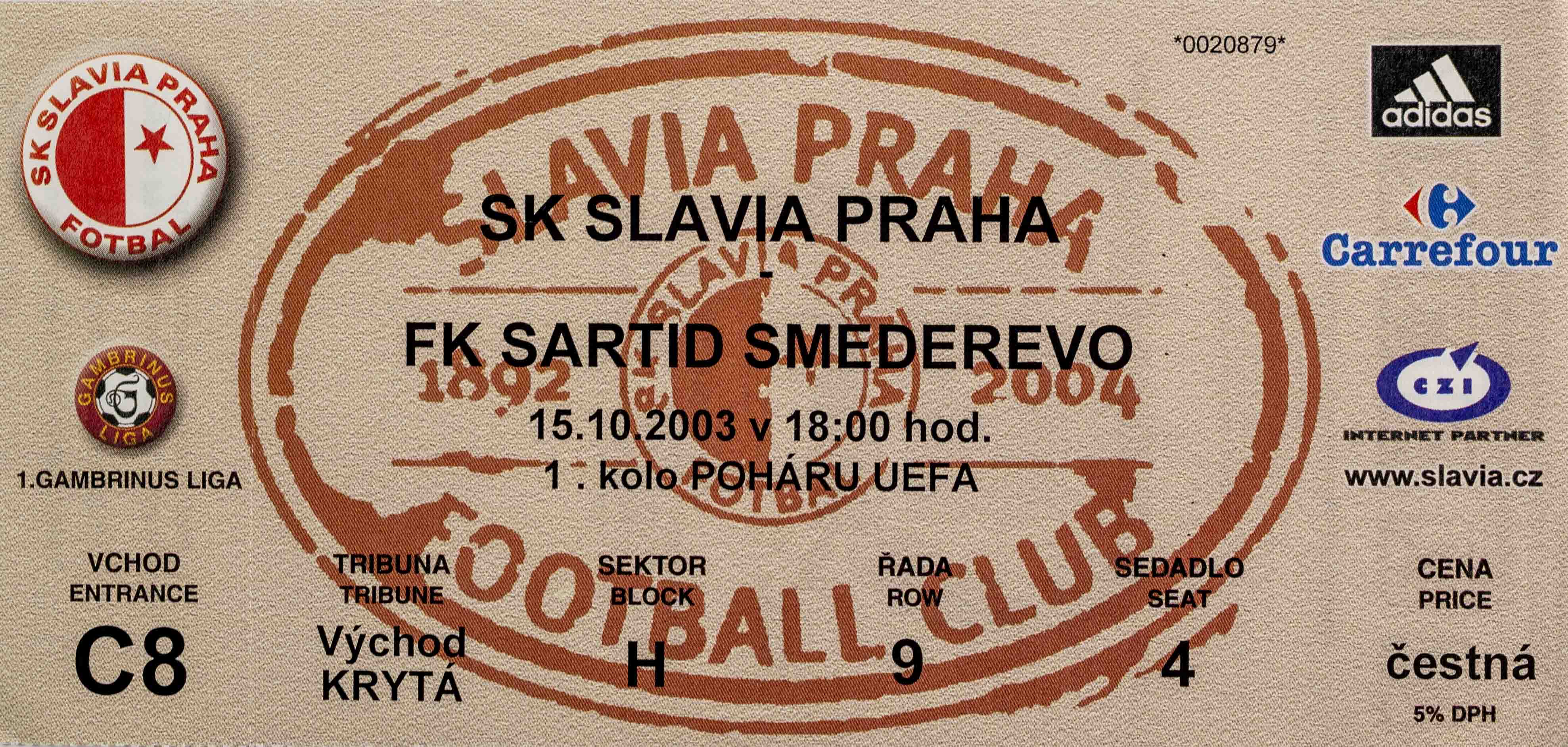 Vstupenka fotbal UEFA, SK Slavia Praha v. FK Sartid Smederevo, 2003