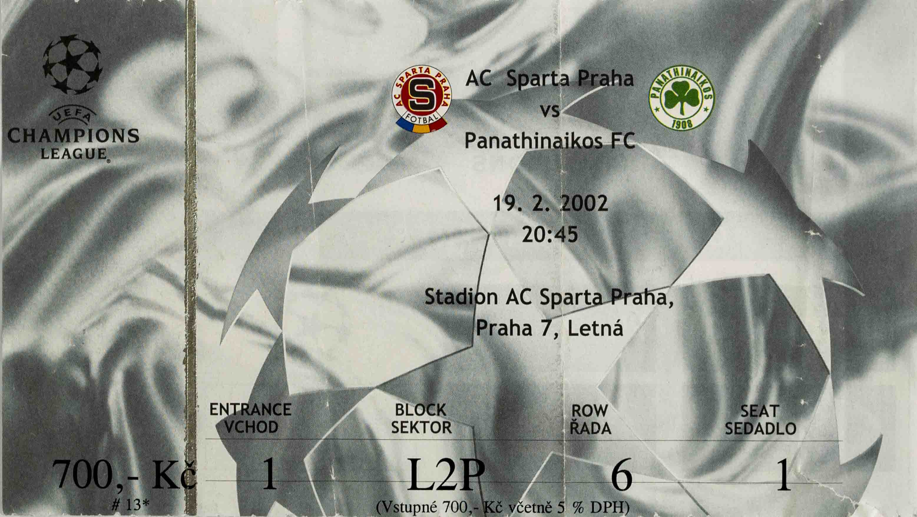Vstupenka fotbal CHL, AC Sparta Praha v. Panathinaikos FC, 2002
