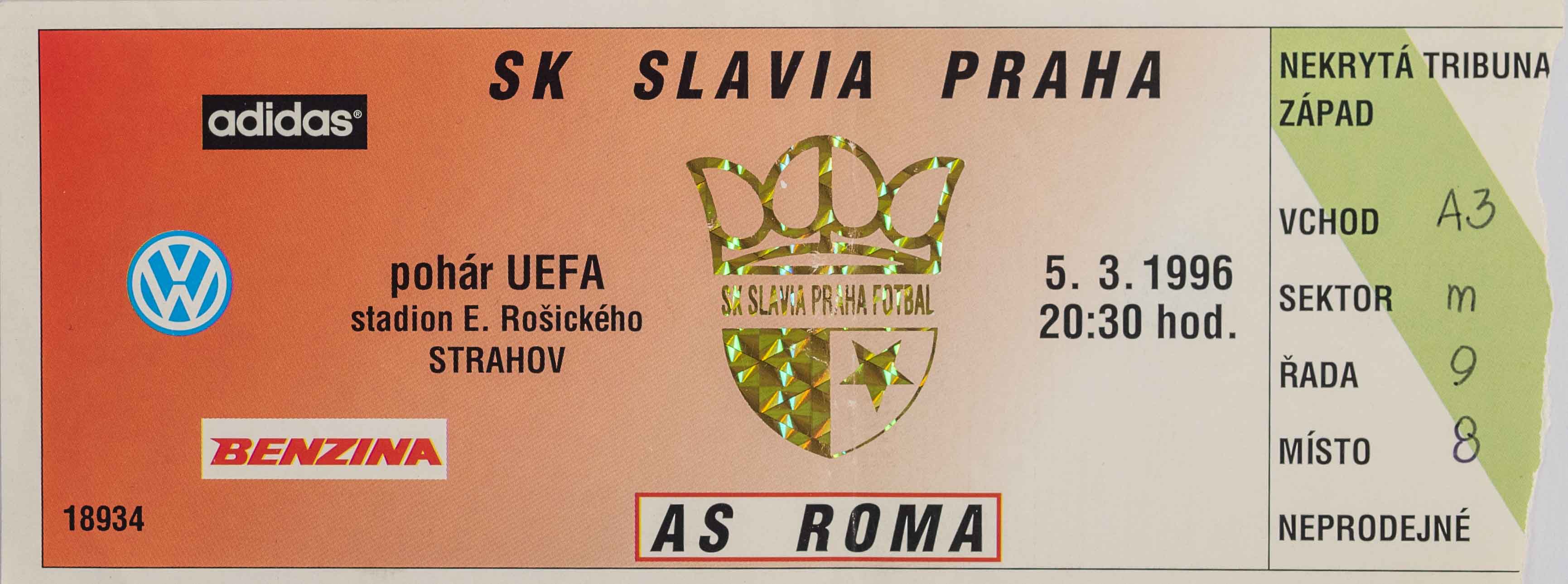 Vstupenka fotbal SK Slavia Praha vs .l AS Roma v, 1996 III