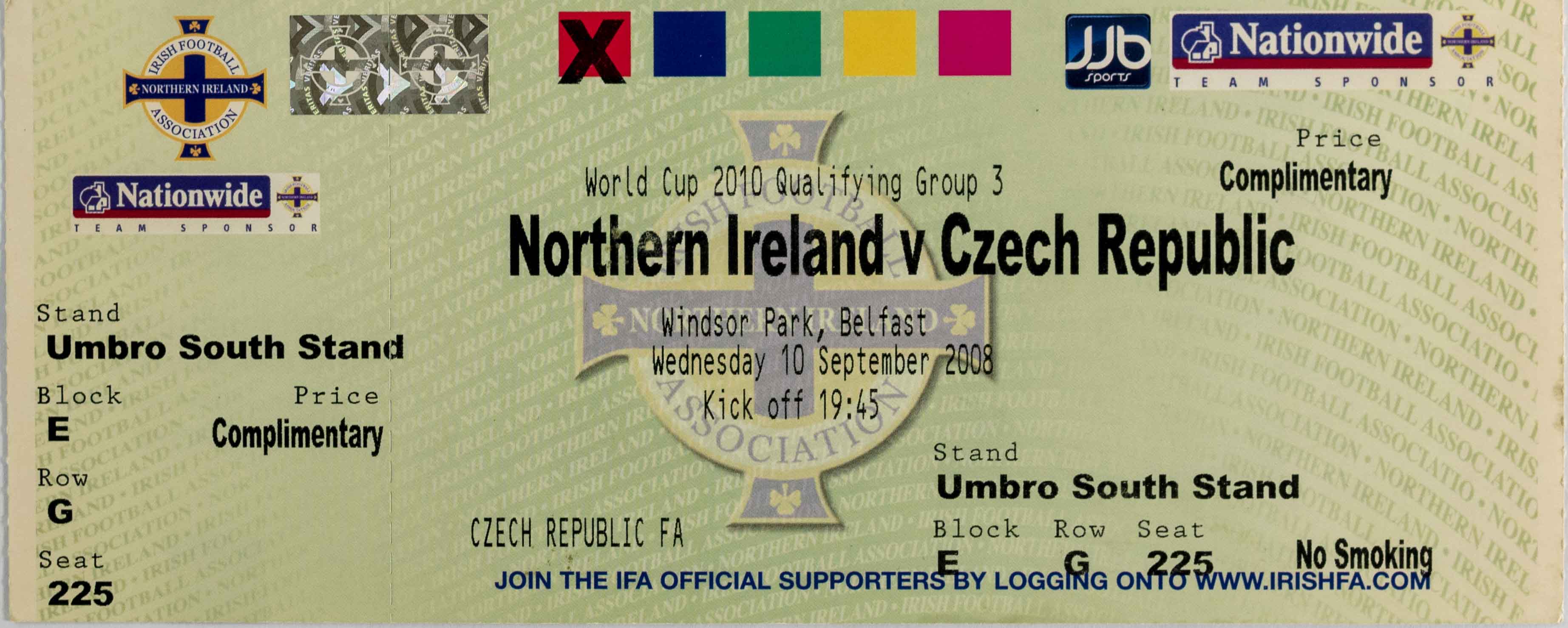 Vstupenka fotbal , WCQ 2010, Northern Ireland v. Czech republic, 2008