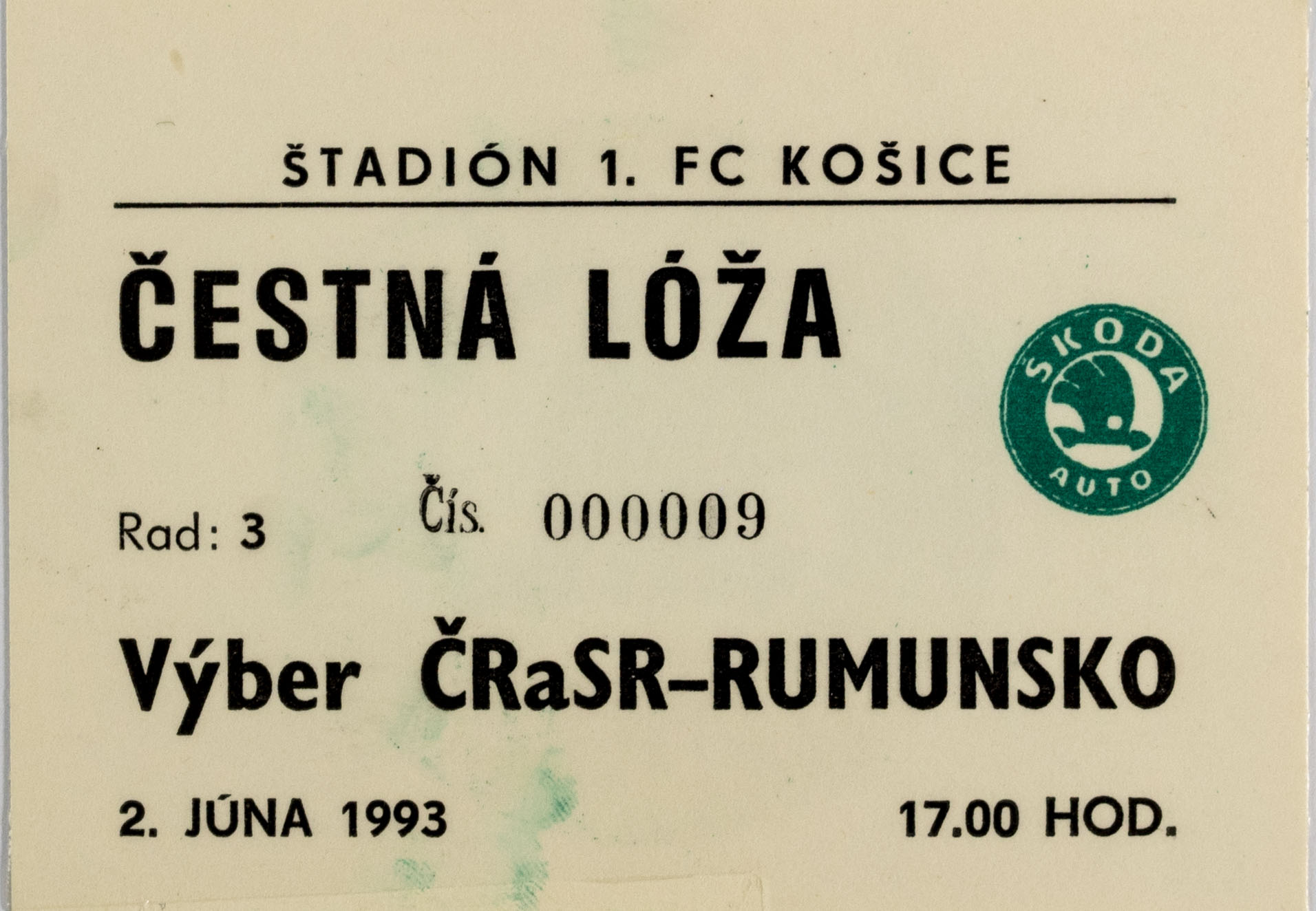 Vstupenka fotbal , ČR a SR v. Rumunsko, 1993