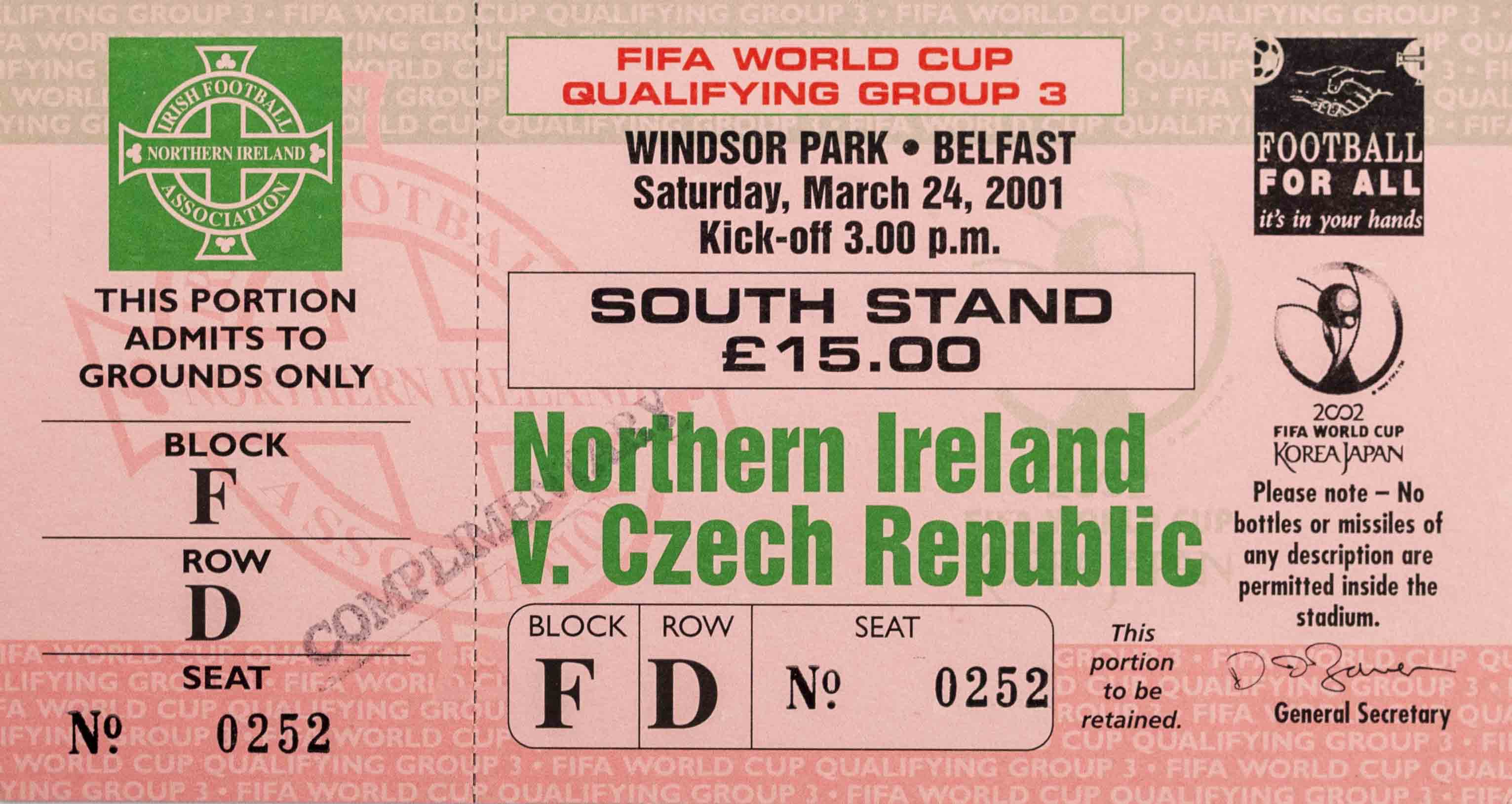 Vstupenka fotbal Q02, Northen Ireland v. Czech republic, 2001