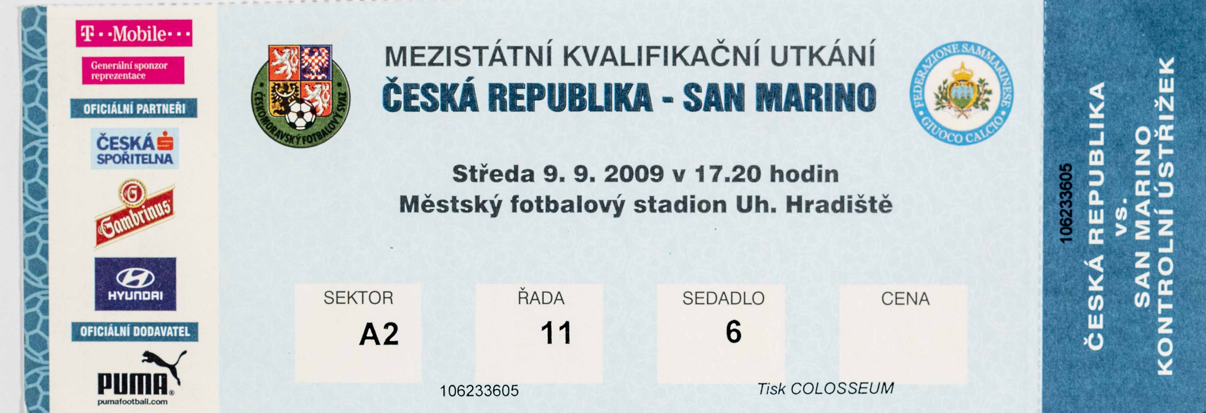 Vstupenka fotbal, ČR v. San Marino, 2009