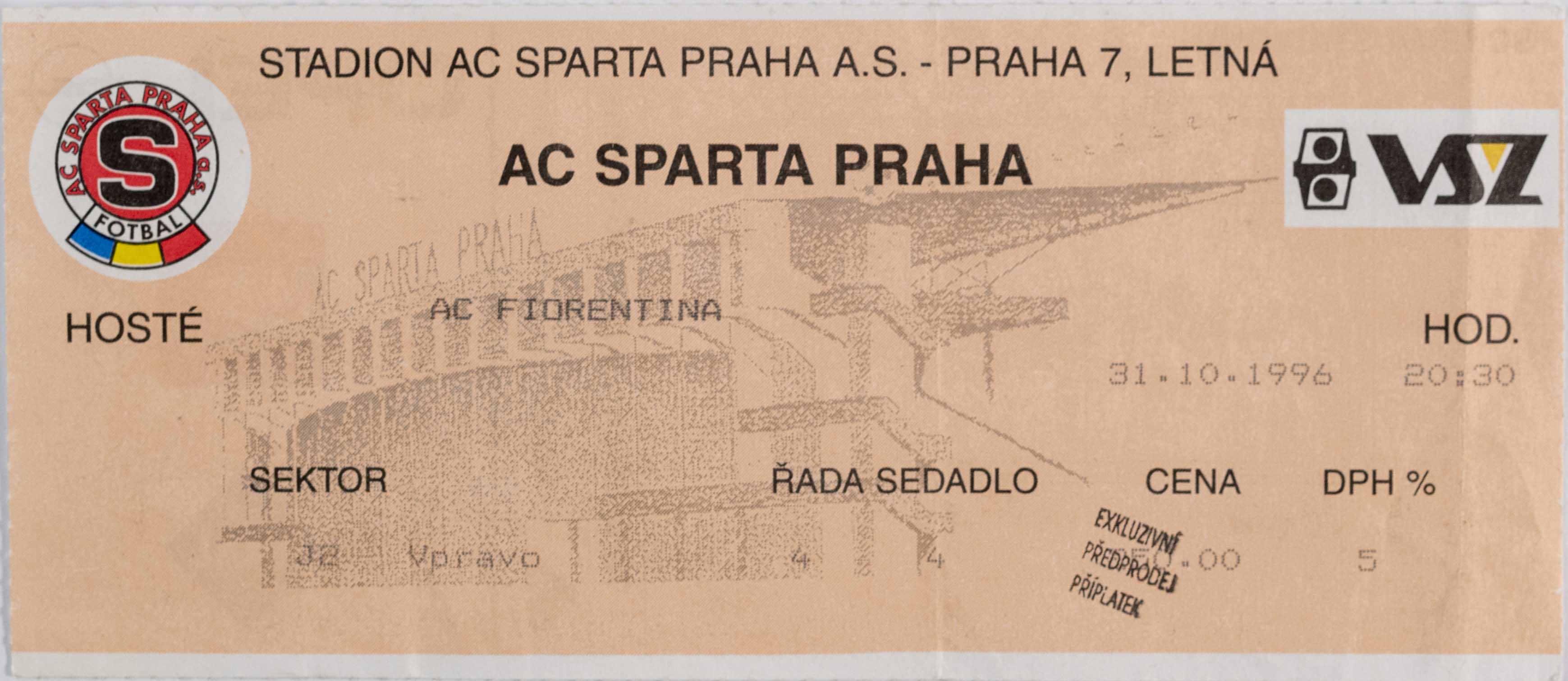 Vstupenka UEFA , Sparta Praha v. AC Fiorentina, 1996