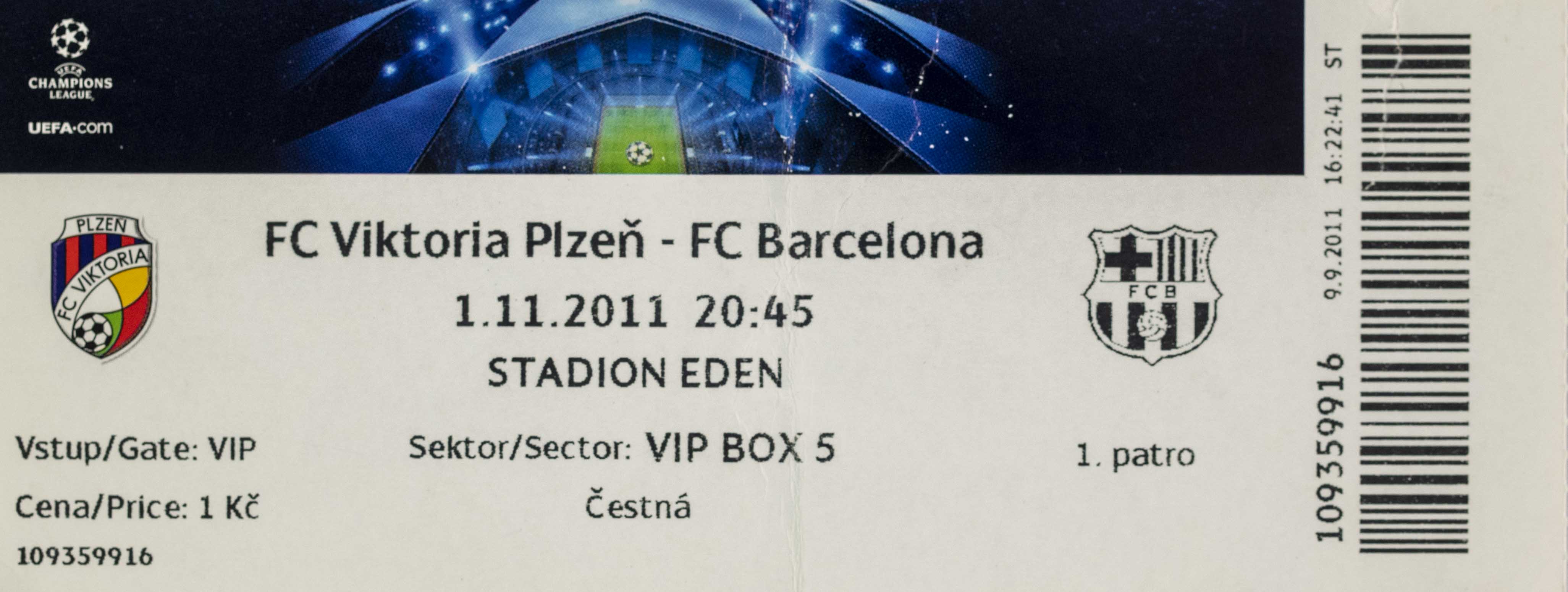 Vstupenka UEFA CHL, Plzeň v. FC Barcelona, 2011