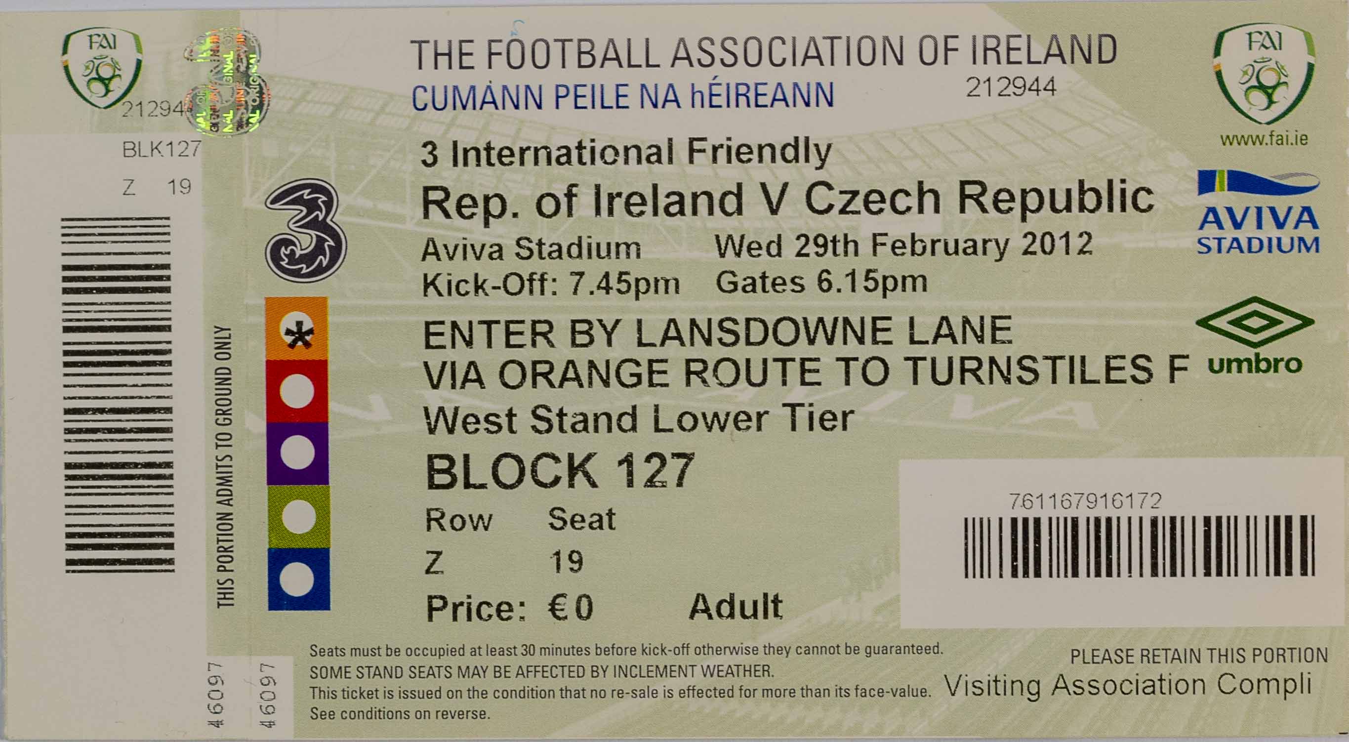 Vstupenka fotbal , Rep. of Ireland v. Czech republic, 2012