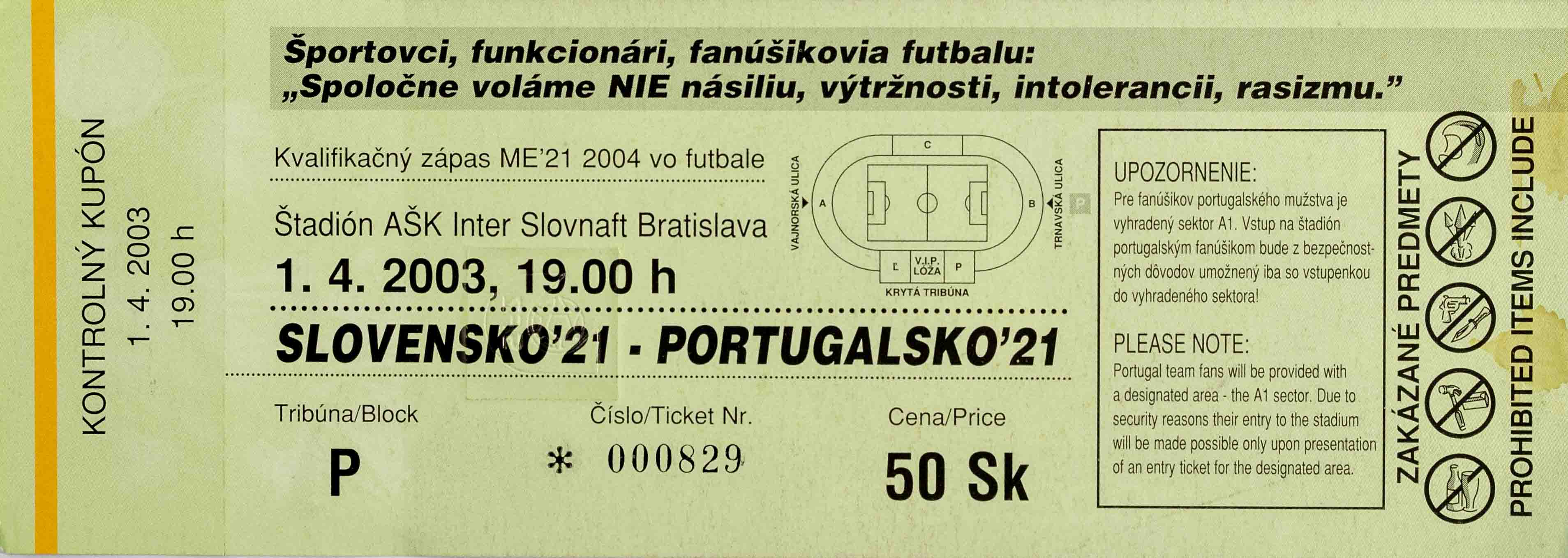 Vstupenka UEFA , Slovensko U21 v. Portugalsko U21, 2003