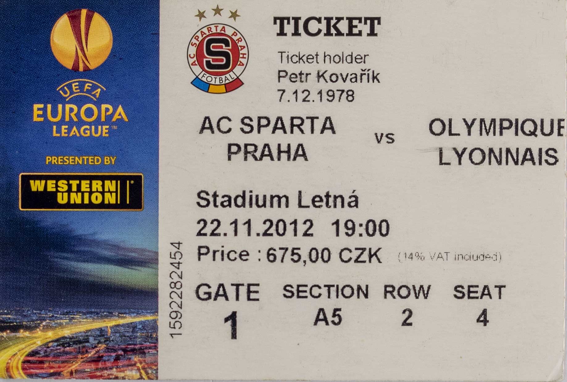 Vstupenka fotbal, AC Sparta Praha v. Olympique Lyonnais, 2012