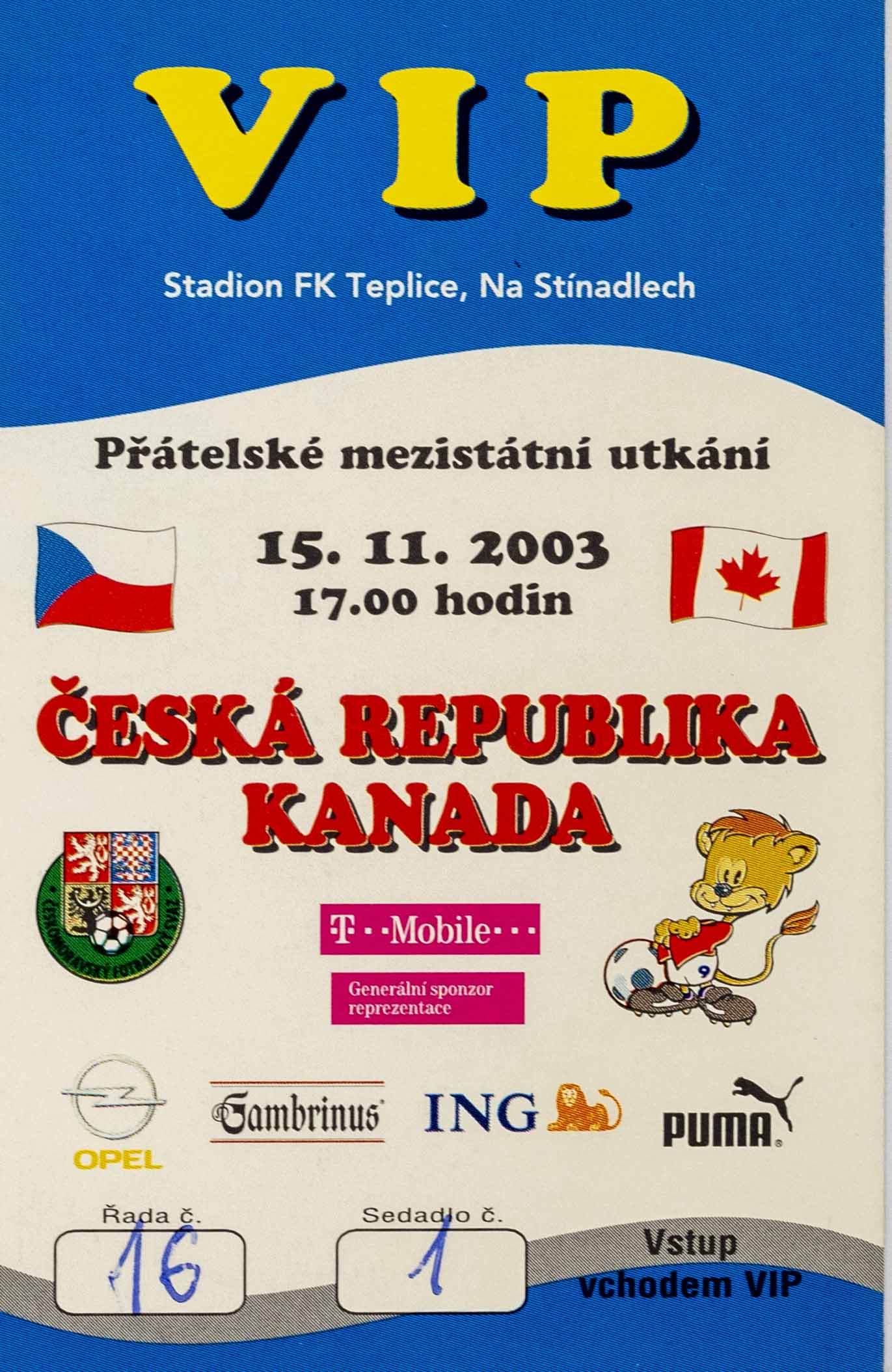 Vstupenka fotbal, ČR v. Kanada, 2003, VIP