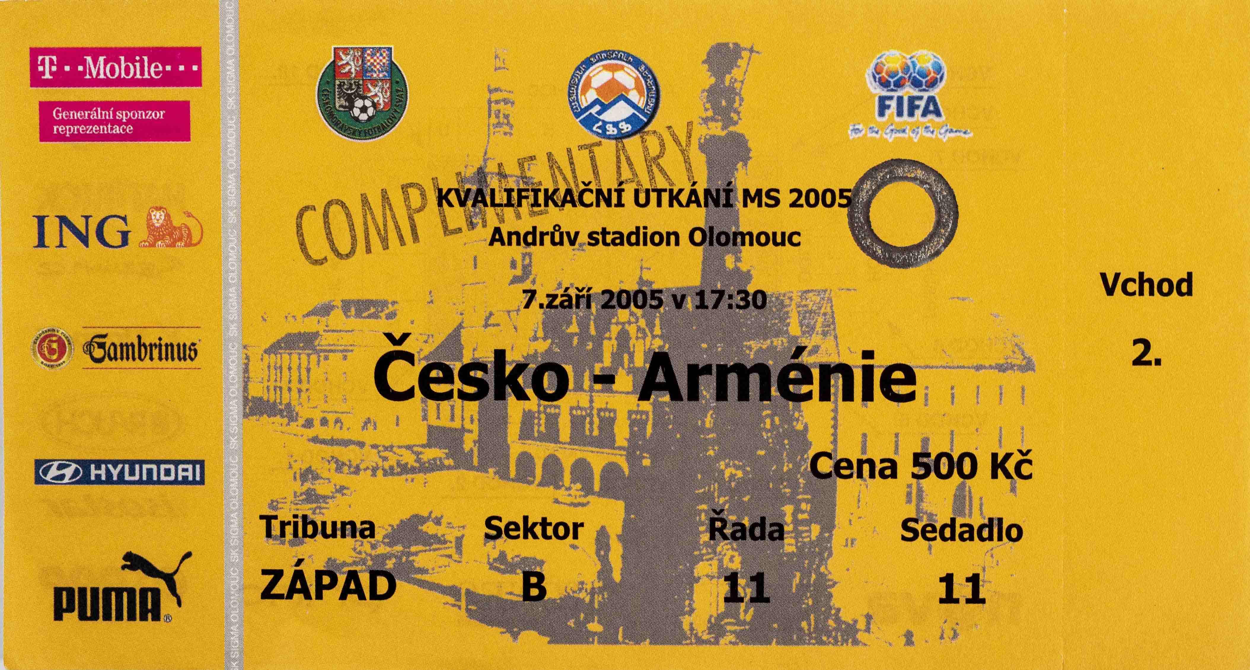Vstupenka fotbal, ČR v. Arménie, 2005
