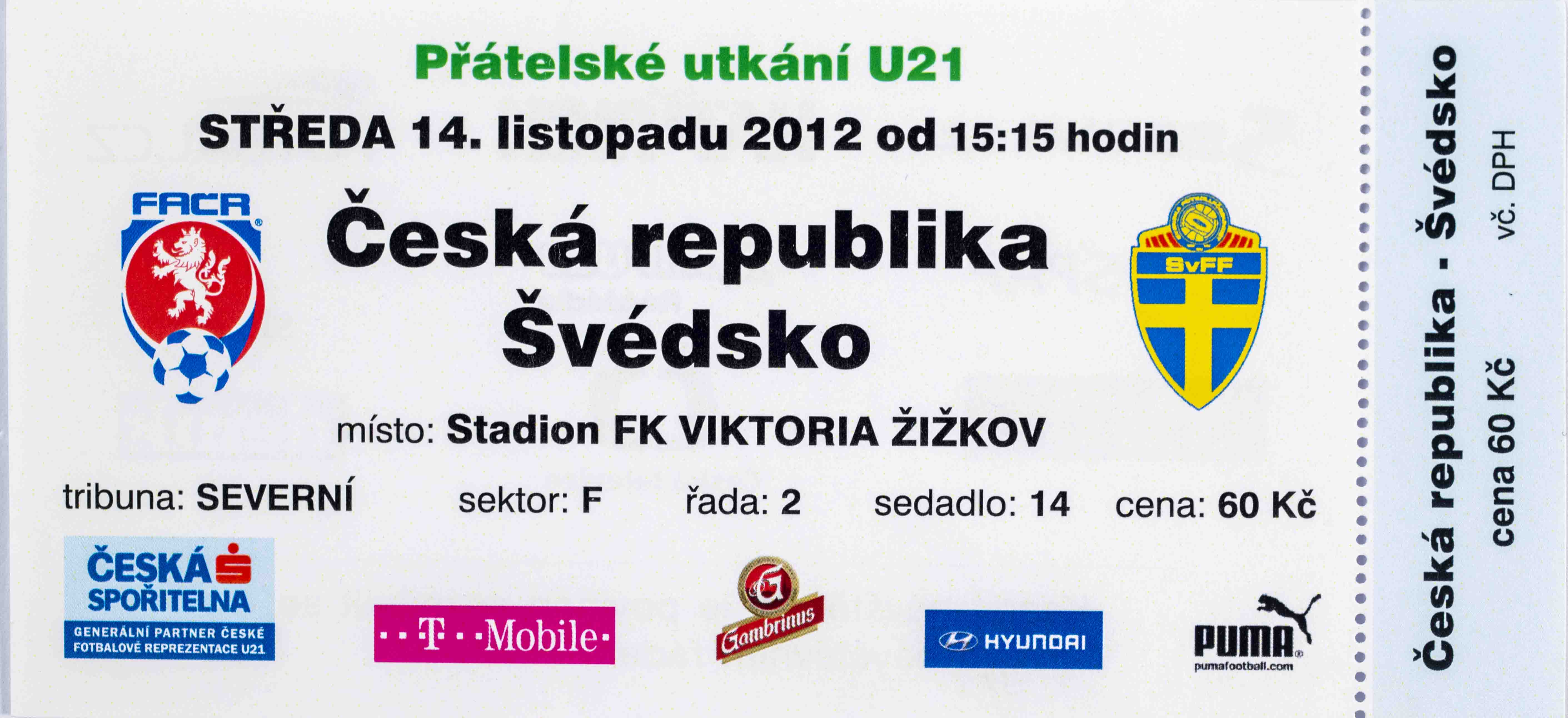 Vstupenka fotbal, U21, ČR v. Švédsko, 2012