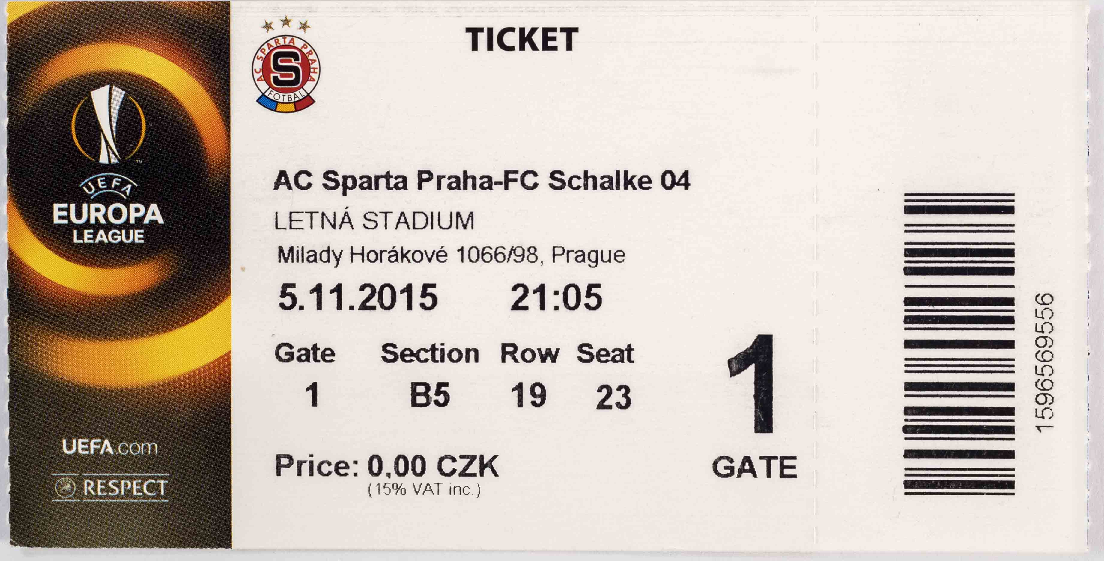 Vstupenka fotbal , UEFA, AC Sparta Praha - FC Schalke 04, 2015