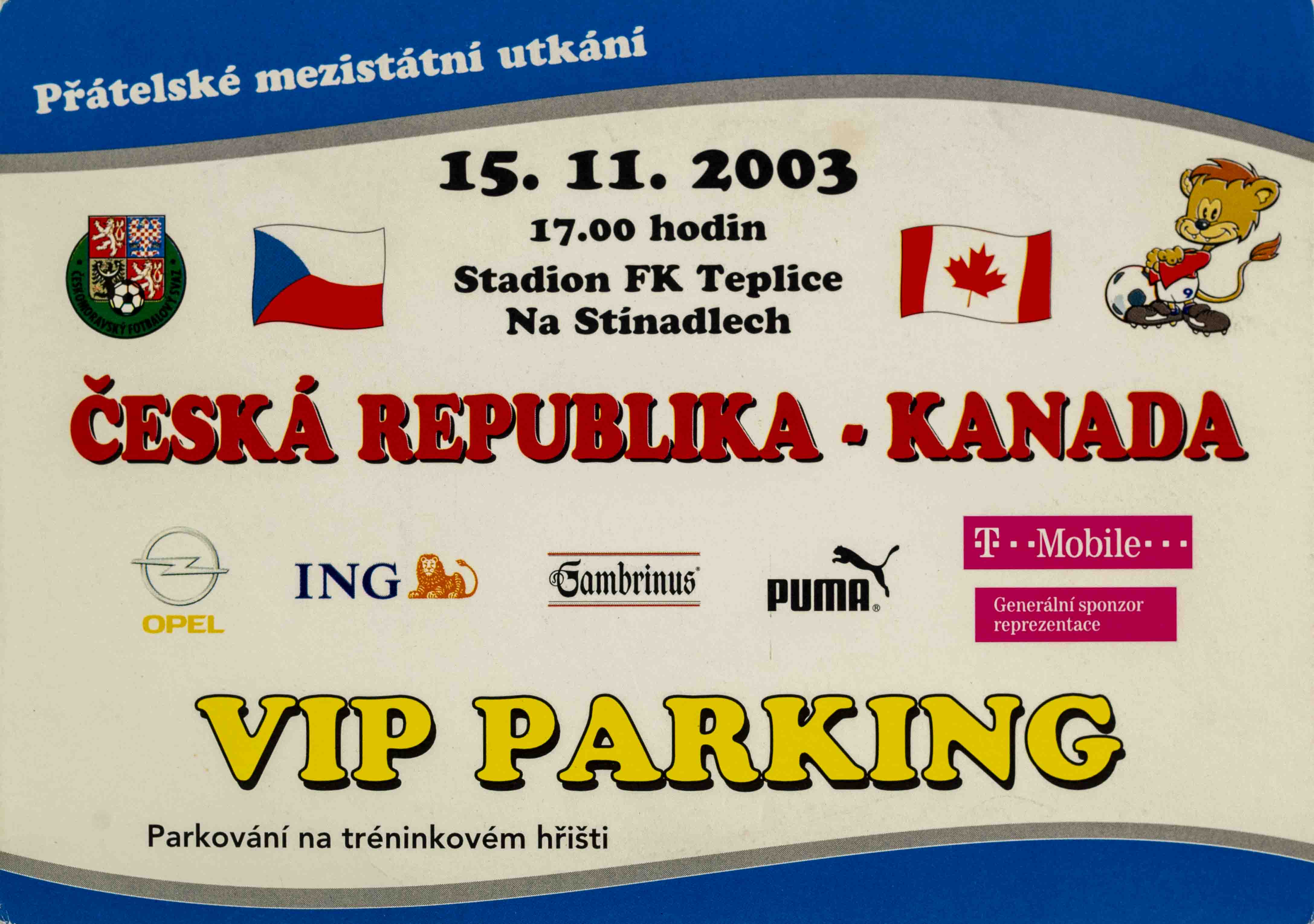 Vstupenka fotbal, VIP Parking ČR v. Kanada, 2013