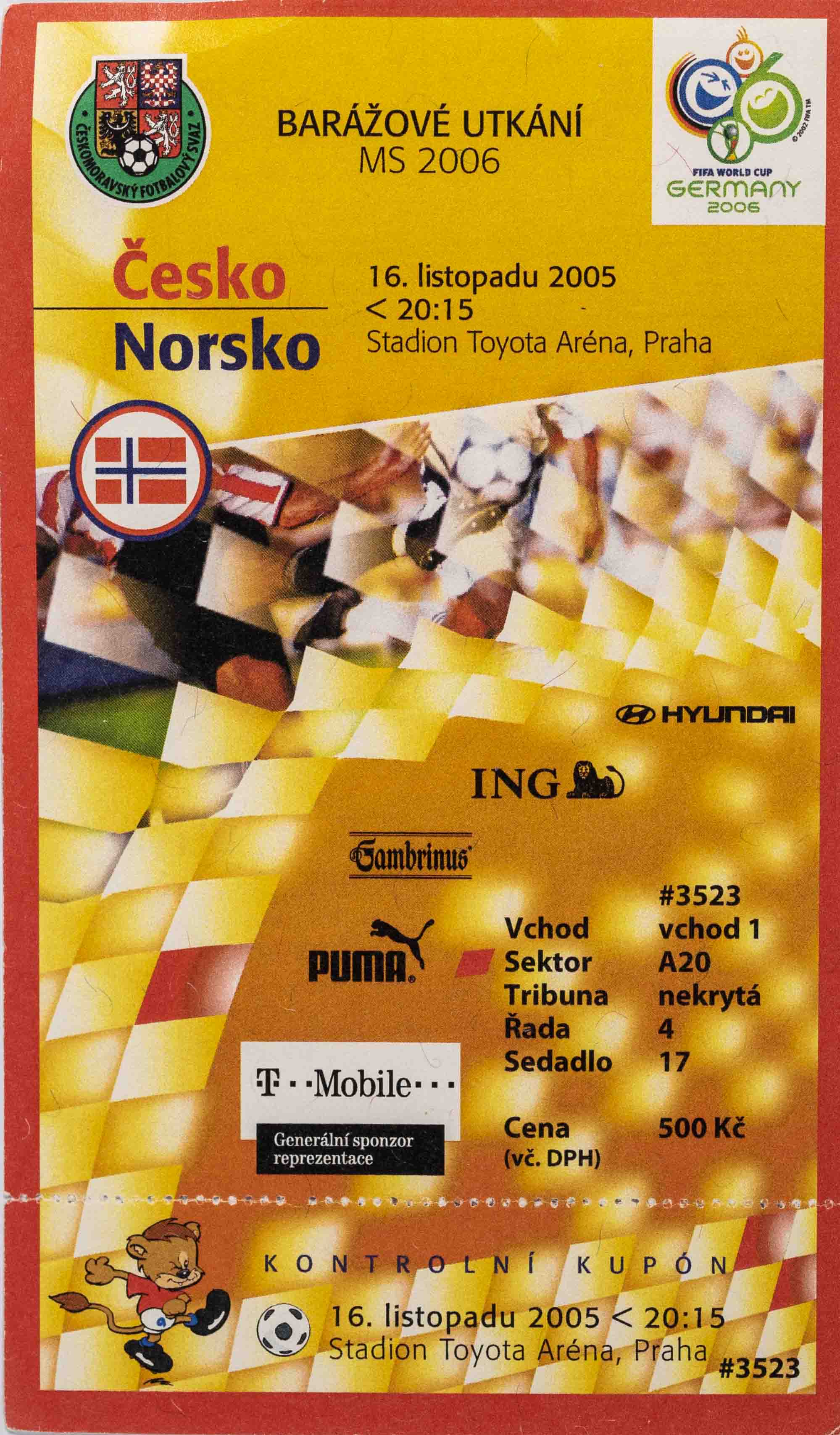 Vstupenka fotbal. ČR v. Norsko, baráž, 2005