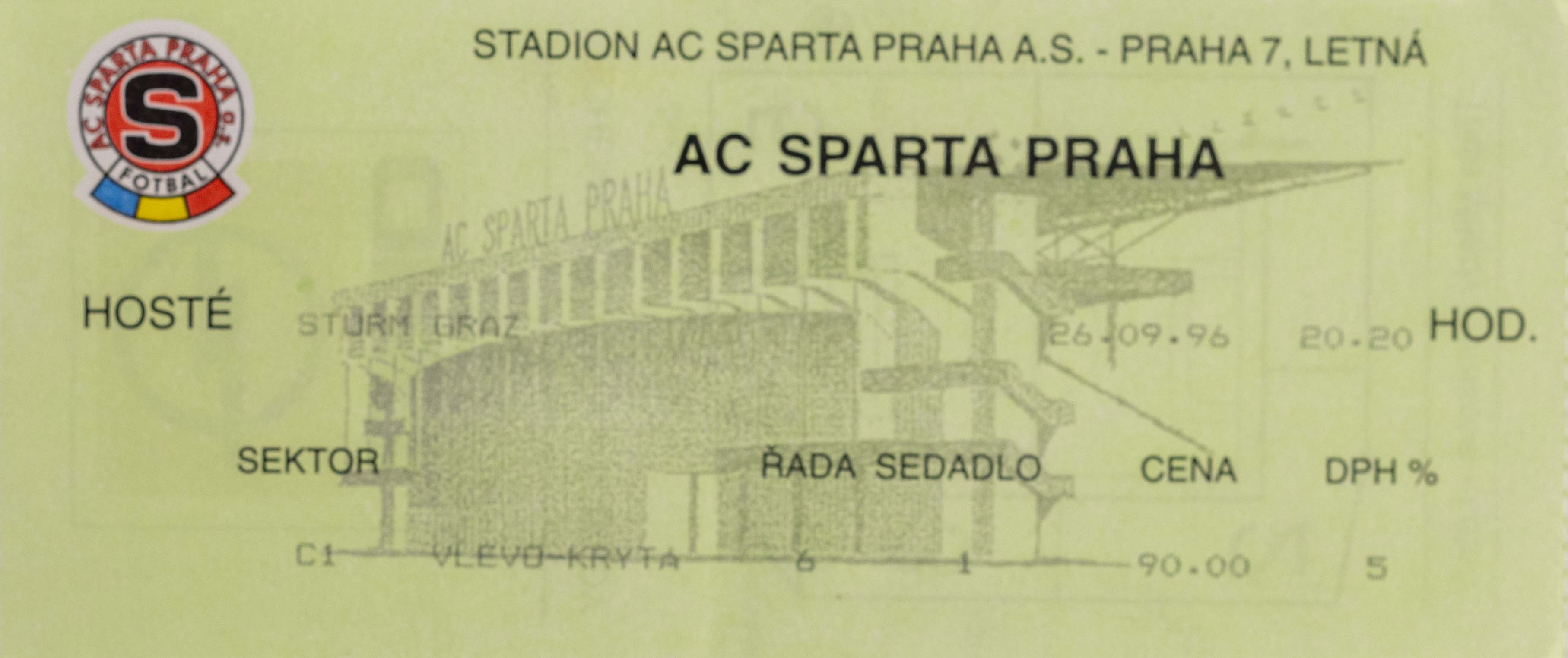 Vstupenka fotbal ,UEFA , Sparta Praha v. Sturm Graz, 1996 (2)