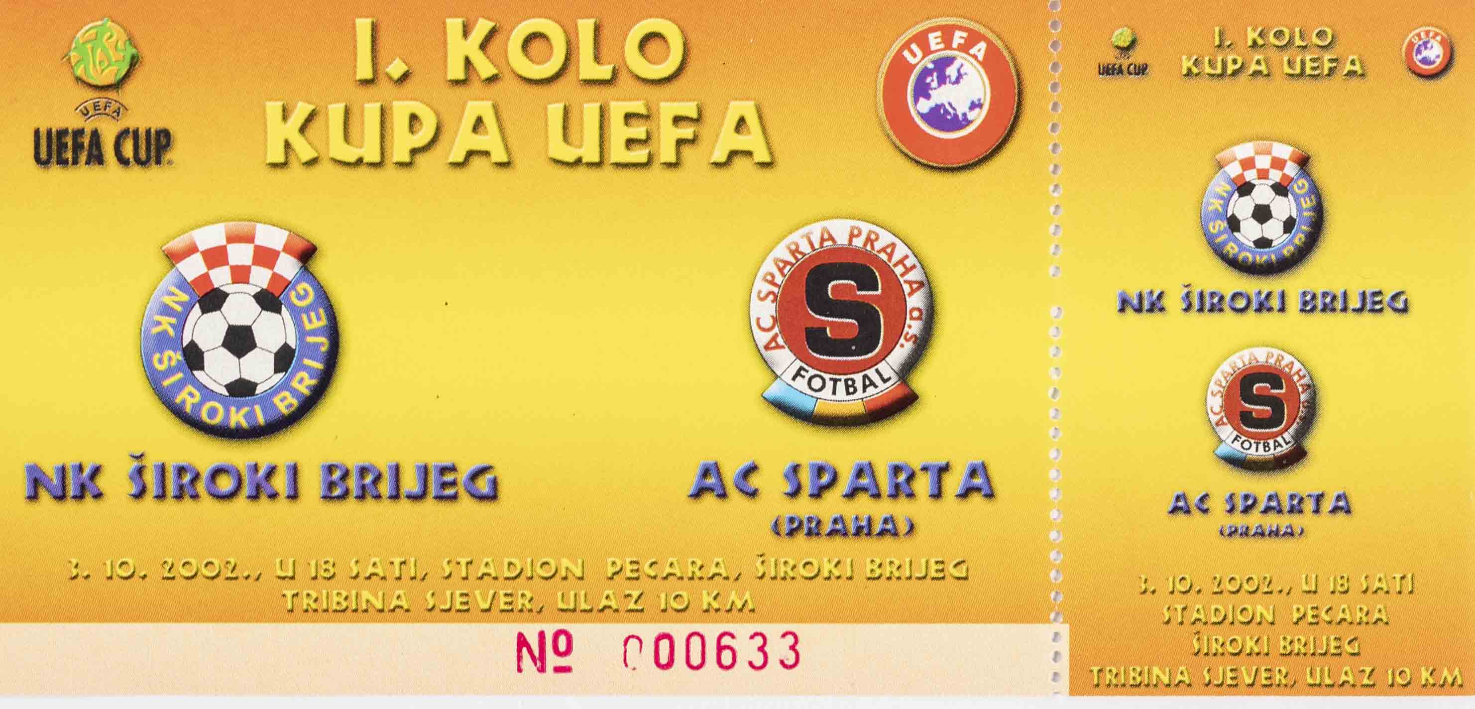 Vstupenka fotbal ,UEFA , Širiki Brijeg v. AC Sparta Praha, 2002