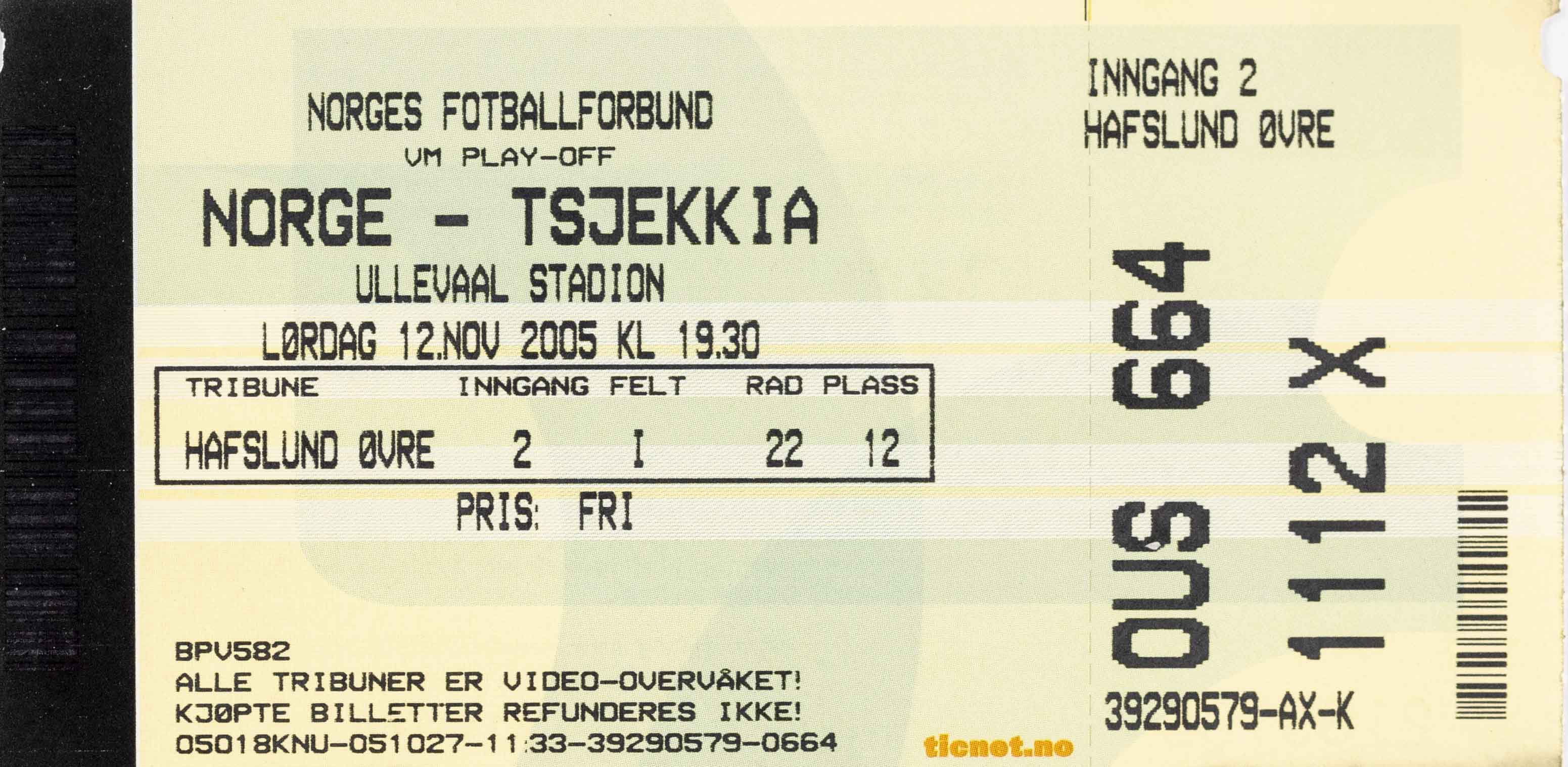 Vstupenka fotbal, Norge v. Tsjekia, 2005