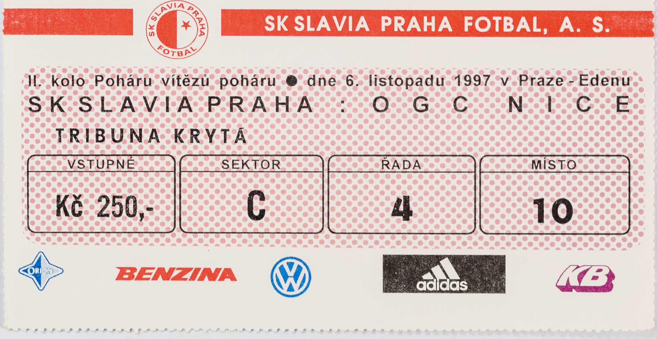Vstupenka fotbal SK Slavia Prague vs. OGC Nice, 1997