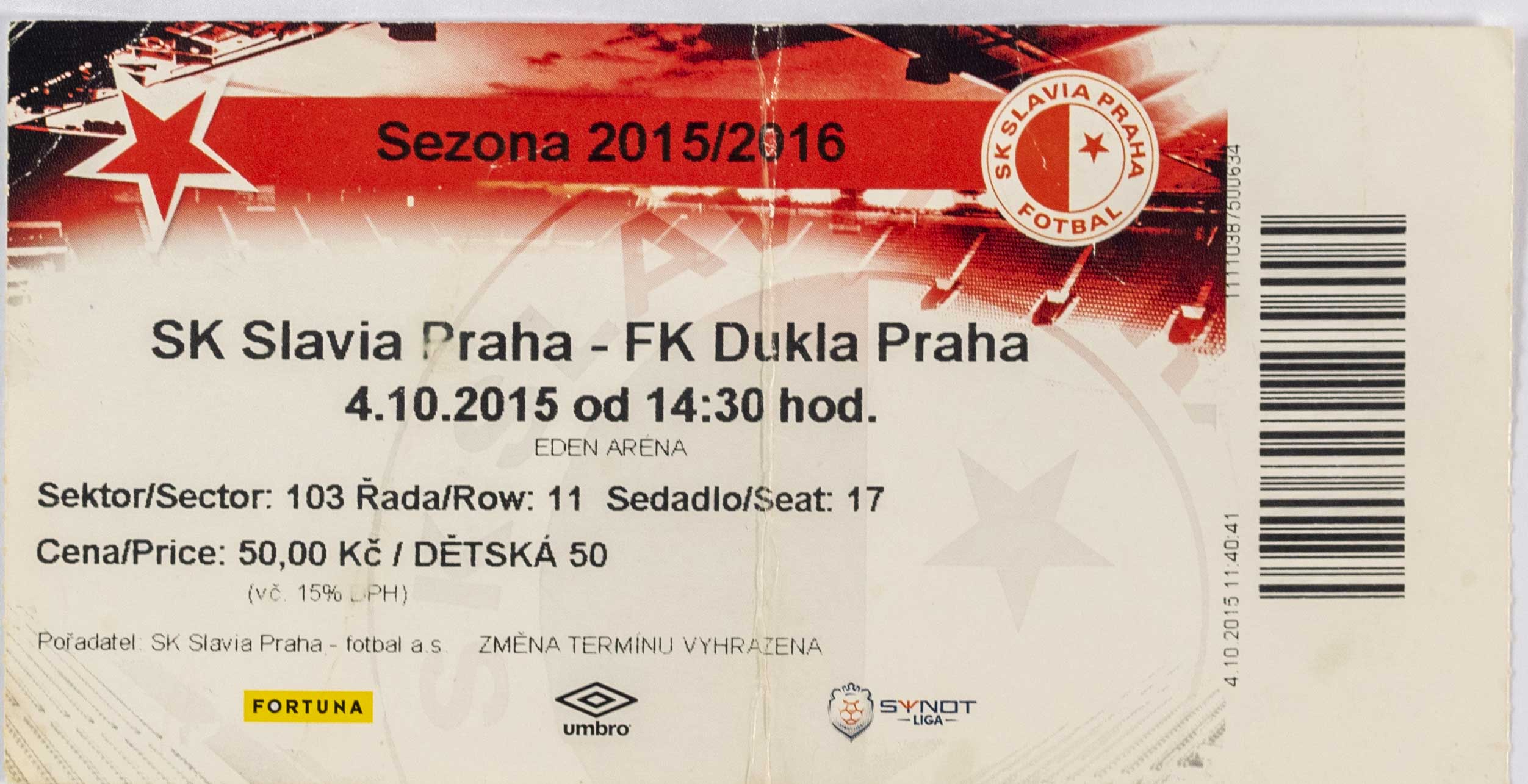 Vstupenka fotbal SK Slavia Praha vs. FK Dukla Praha, 2015