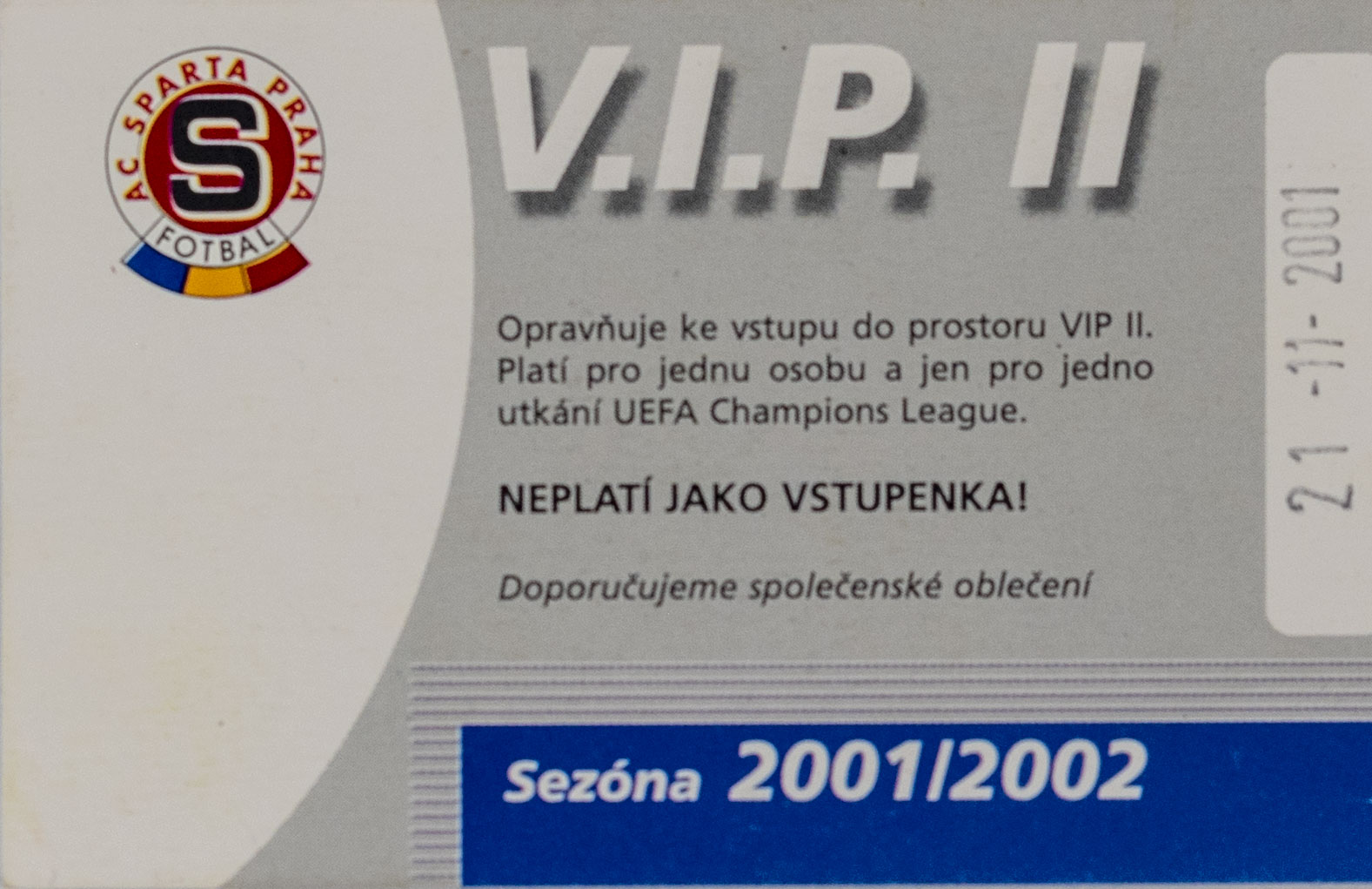 Vstupenka fotbal VIP, AC Sparta v. Real Madrid, 2001