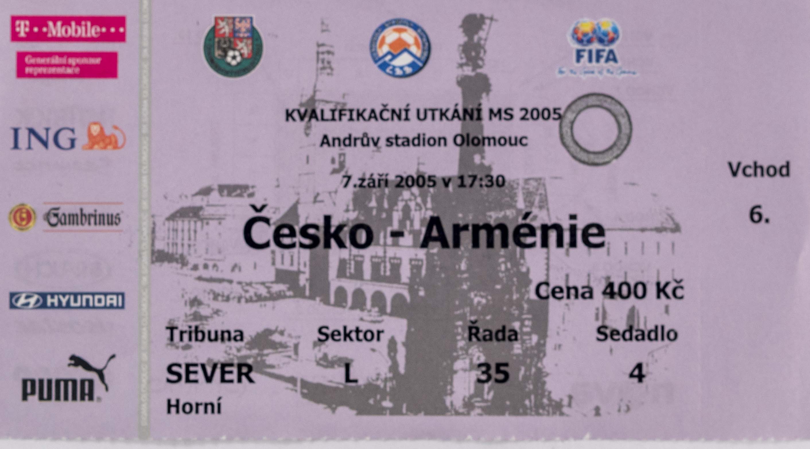 Vstupenka fotbal, ČR v. Arménie, 2005, fialová