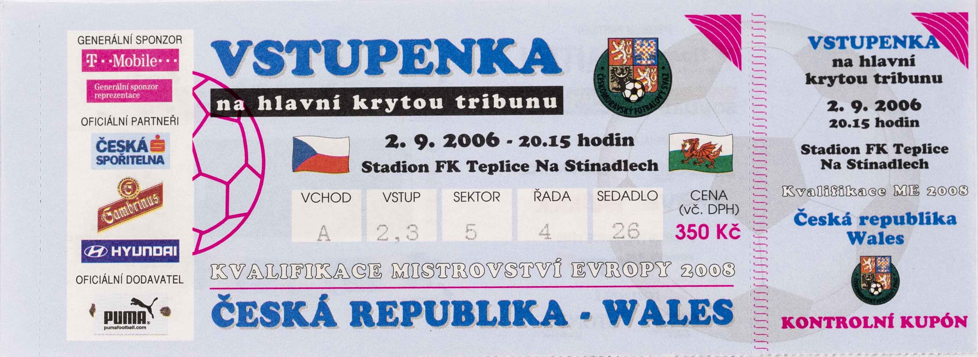 Vstupenka fotbal Česká rep. v. Wales, Q ME, 2006 II