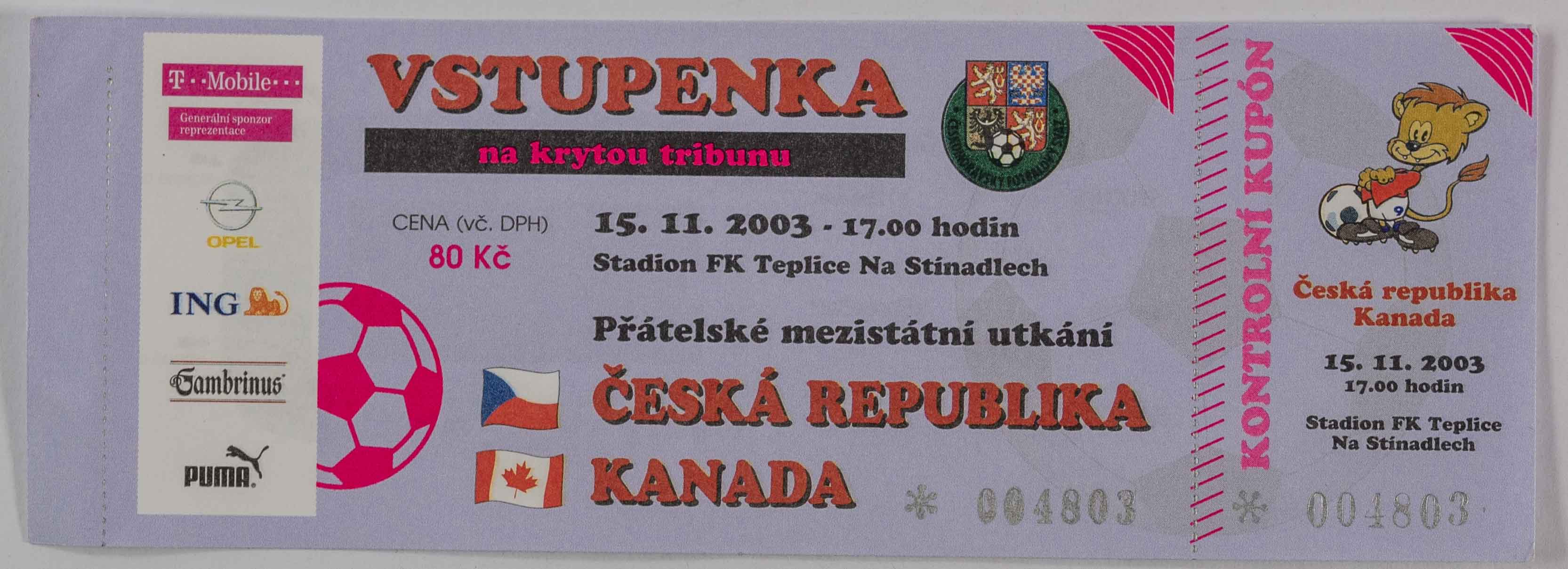 Vstupenka fotbal , ČR v. Kanada, 2003
