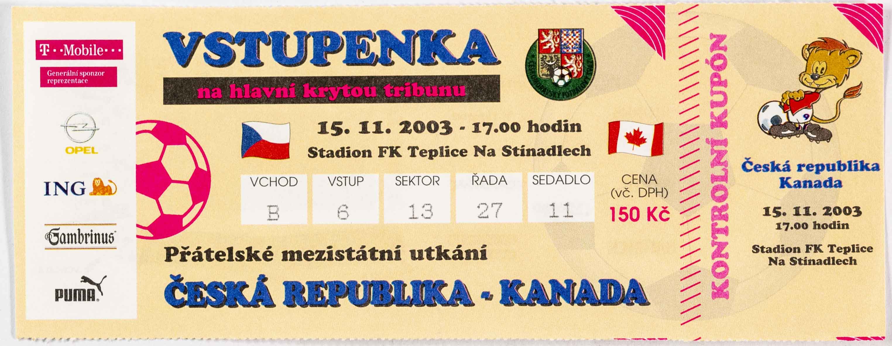 Vstupenka fotbal , ČR v. Kanada, 2003, 2