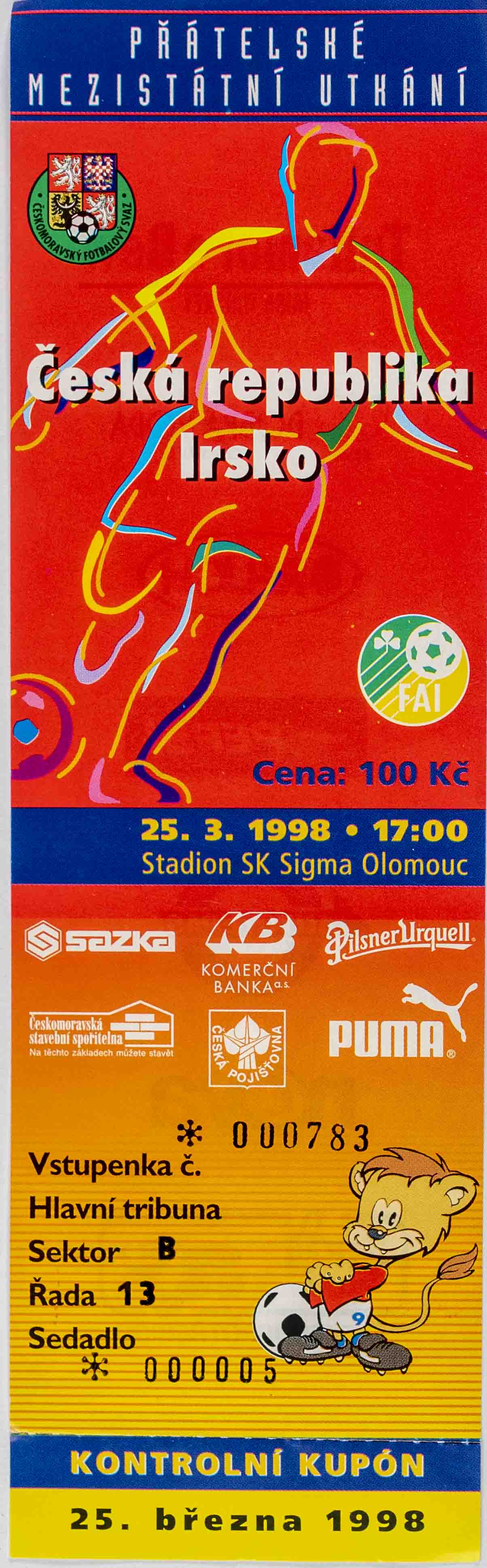 Vstupenka fotbal, Česká republika v. Irsko, 1998, 2