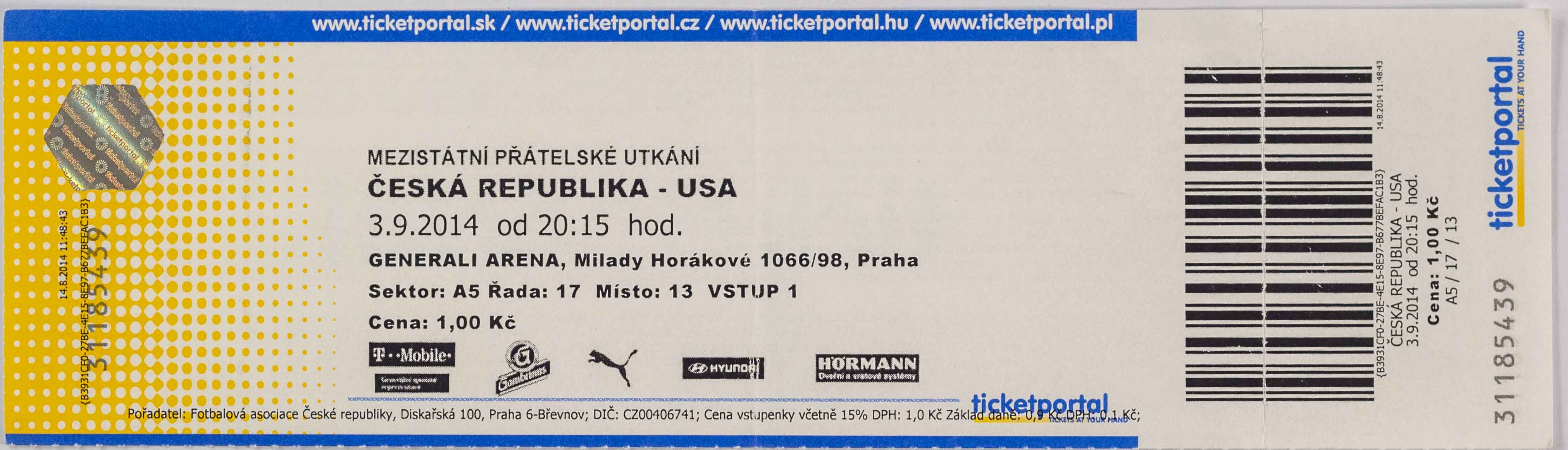 Vstupenka fotbal, Česká republika v. USA, 2014