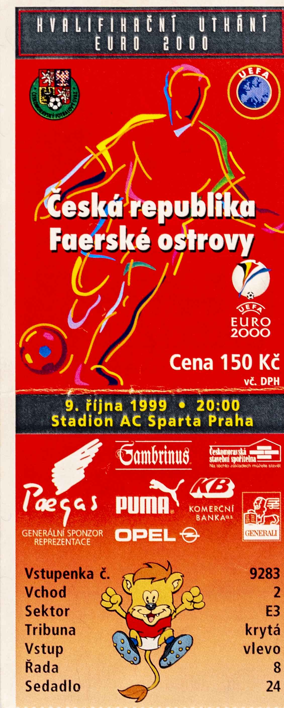 Vstupenka fotbal, ČR v. Faerské ostrovy, QE2000, 1999