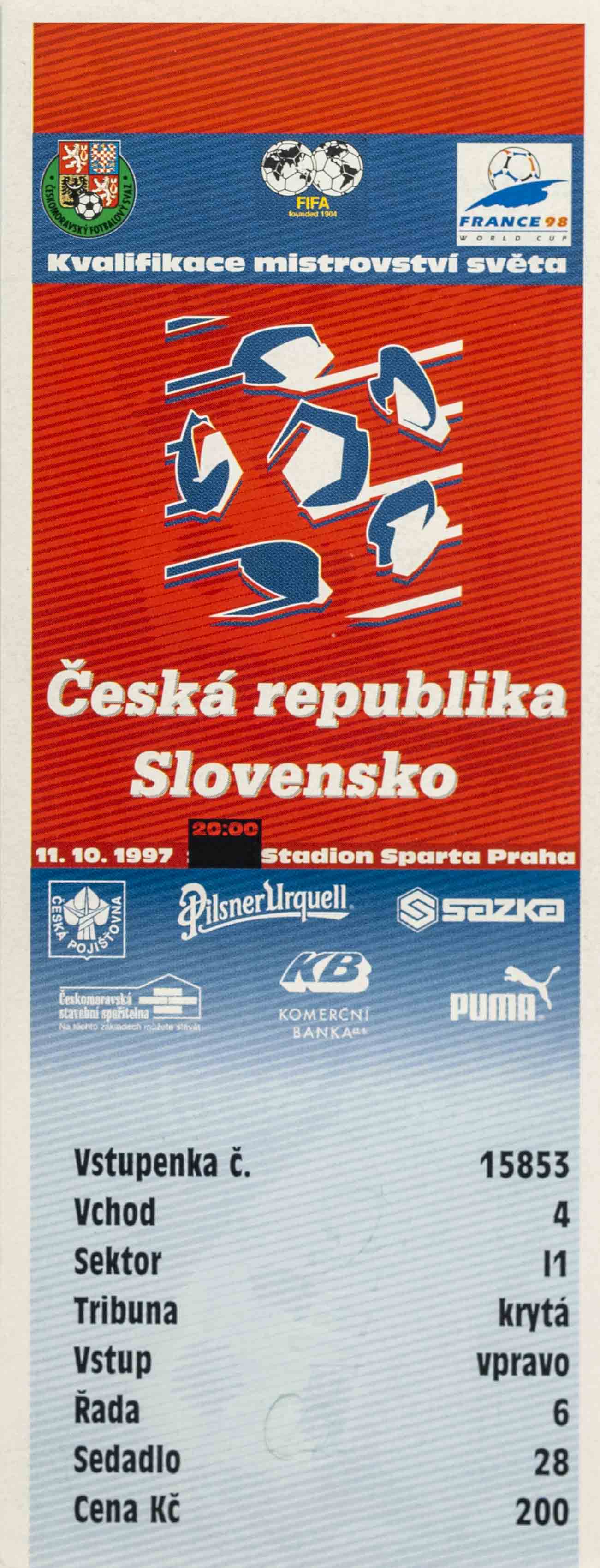 Vstupenka fotbal, ČR v. Faerské ostrovy, Q1998, 1997