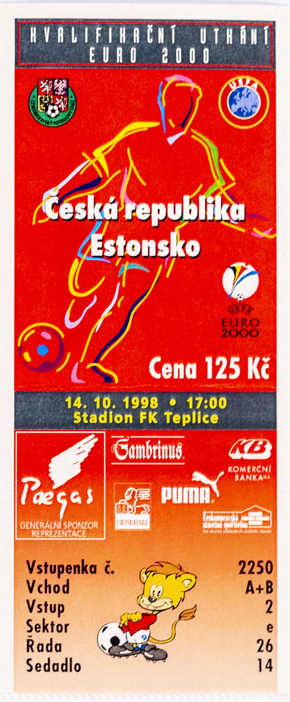 Vstupenka fotbal, ČR v. Faerské ostrovy, Q2000, 1999
