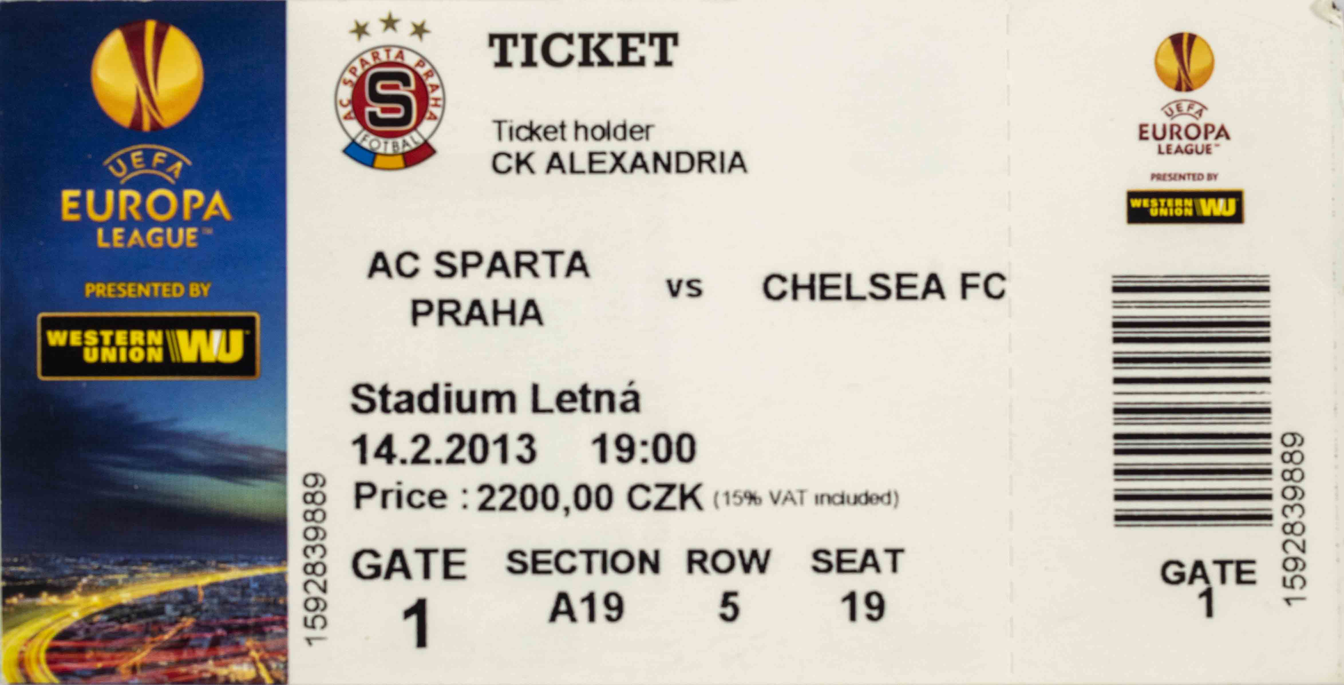 Vstupenka UEFA EL, Sparta Praha v. Chelsea FC, 2013