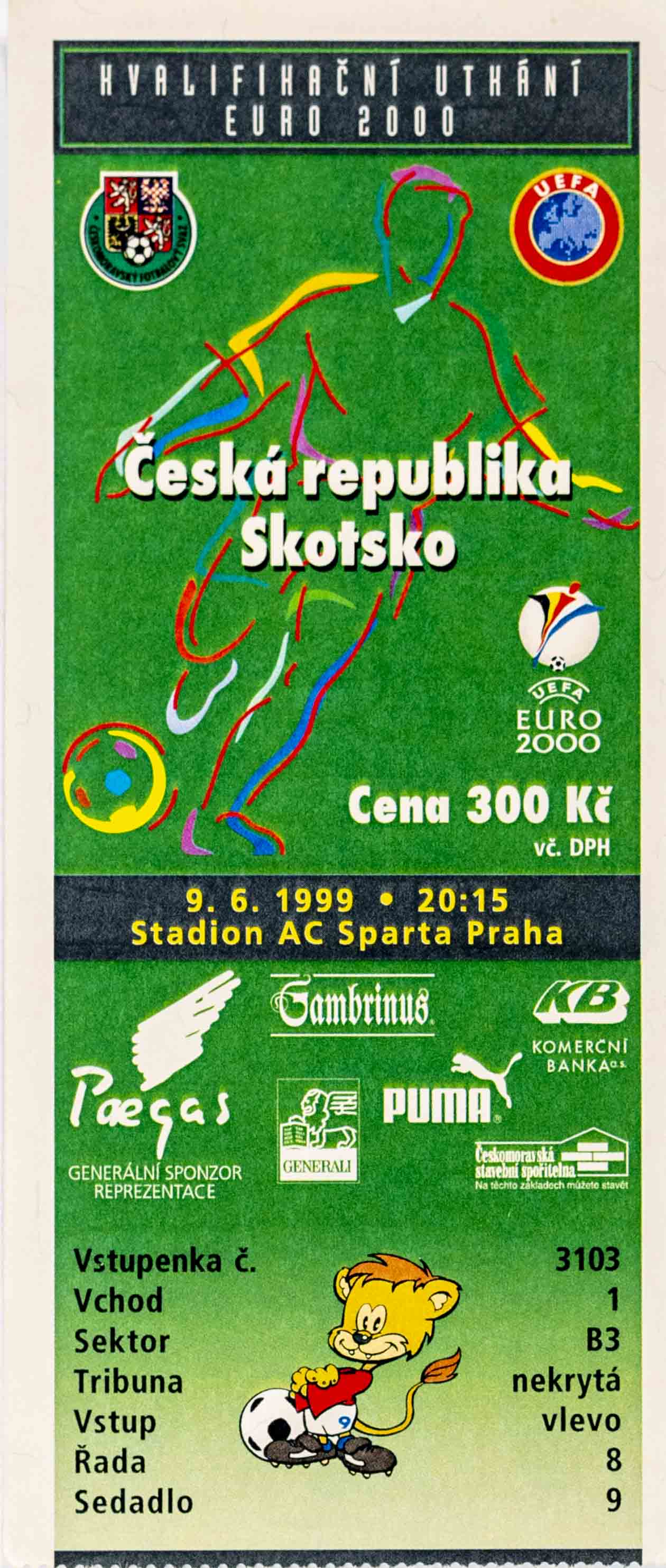 Vstupenka fotbal, Q 2000, ČR v. Skotsko, 1999