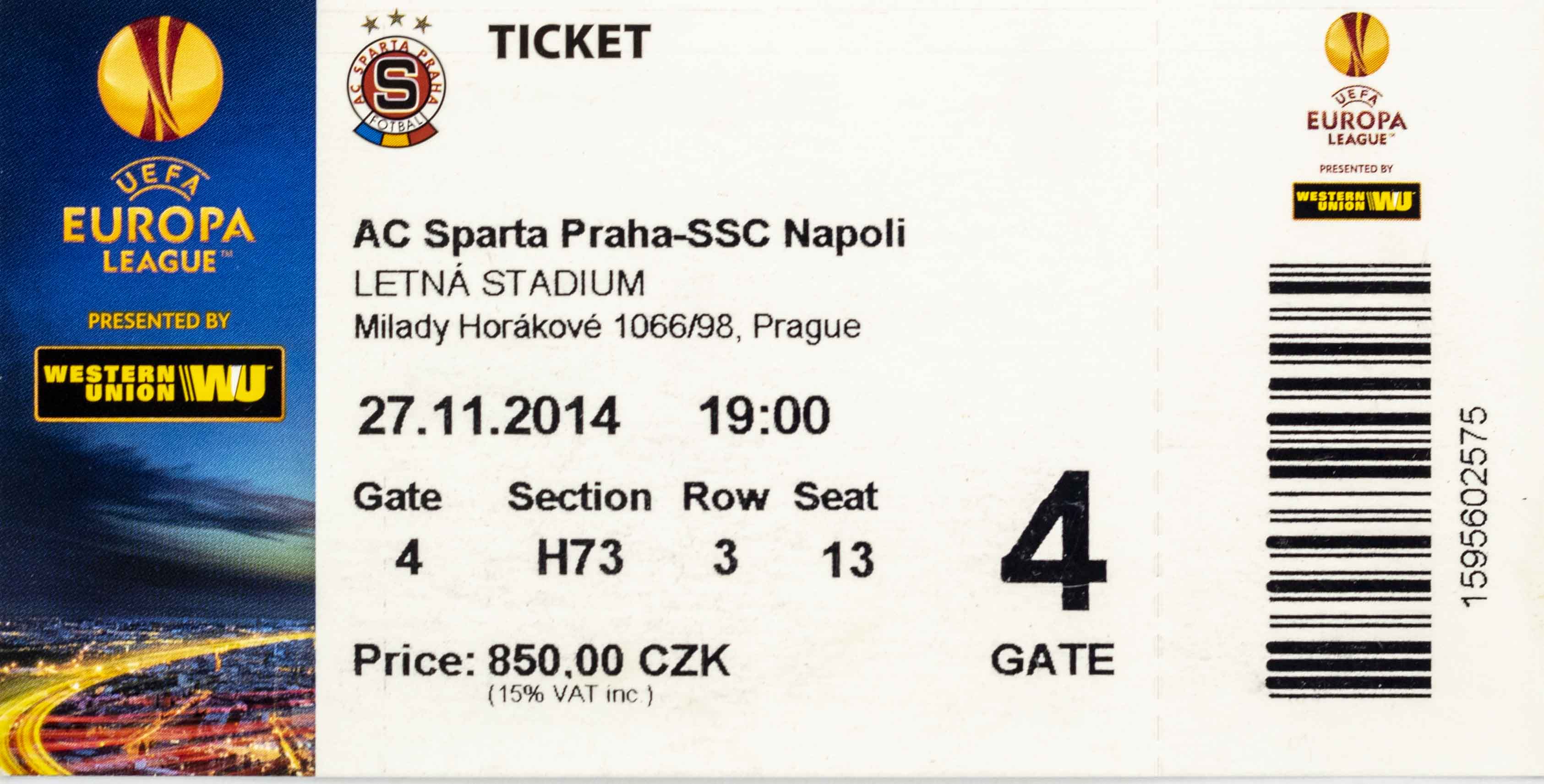 Vstupenka fotbal, Ac Sparta Praha v. SSC Napoli, 2014