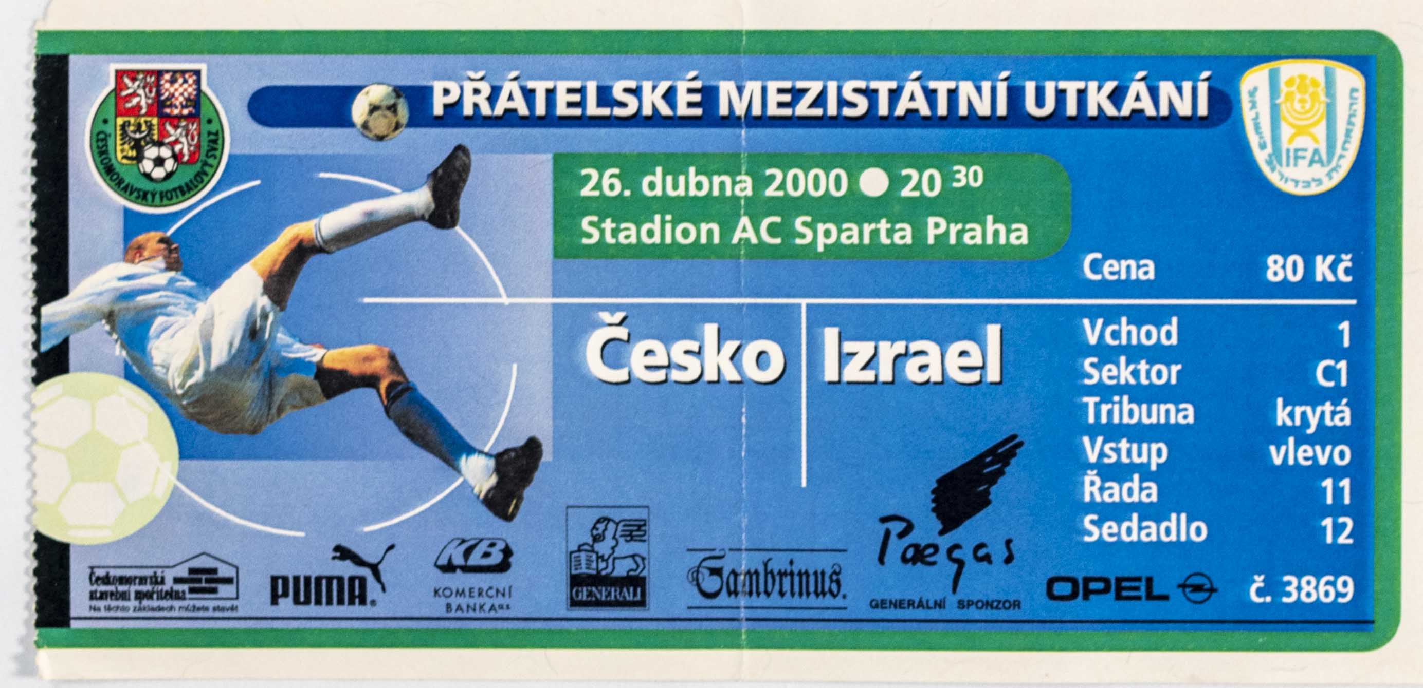 Vstupenka fotbal, ČR v. Izrael, 2000