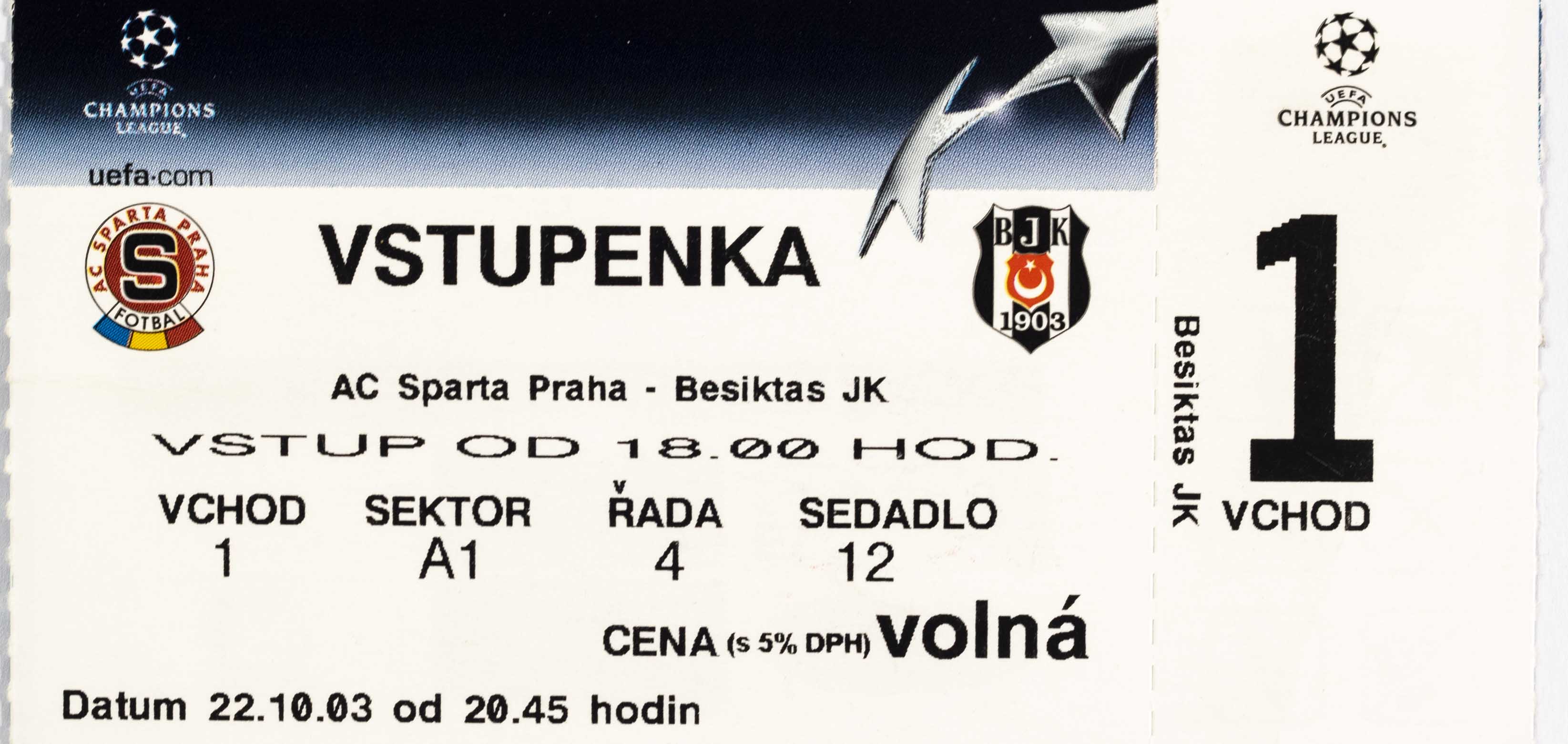 Vstupenka fotbal, AC Sparta Praha v. Besiktas JK, 2003