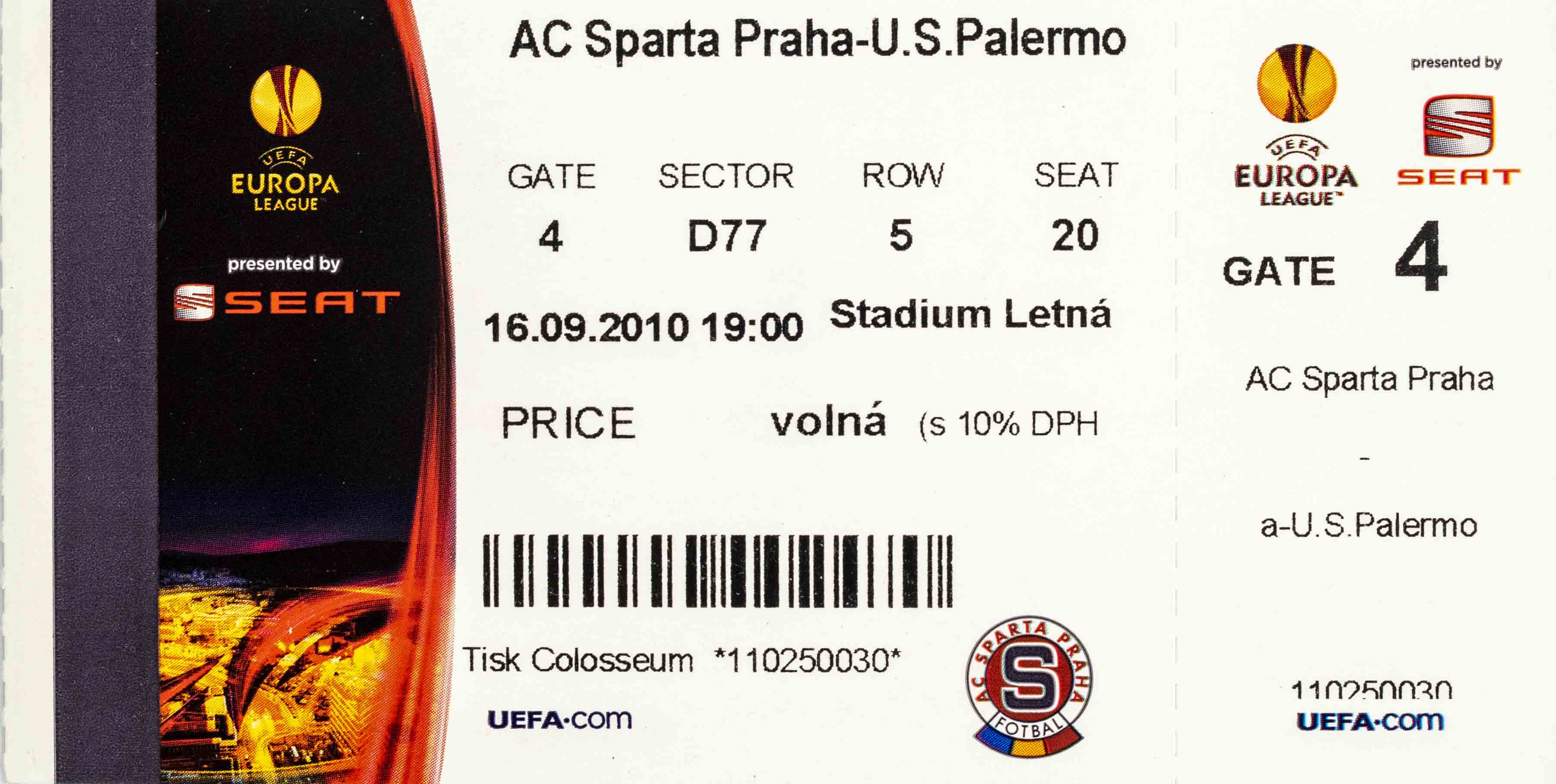 Vstupenka fotbal AC Sparta Praha v. US Palermo, UEFA 2010