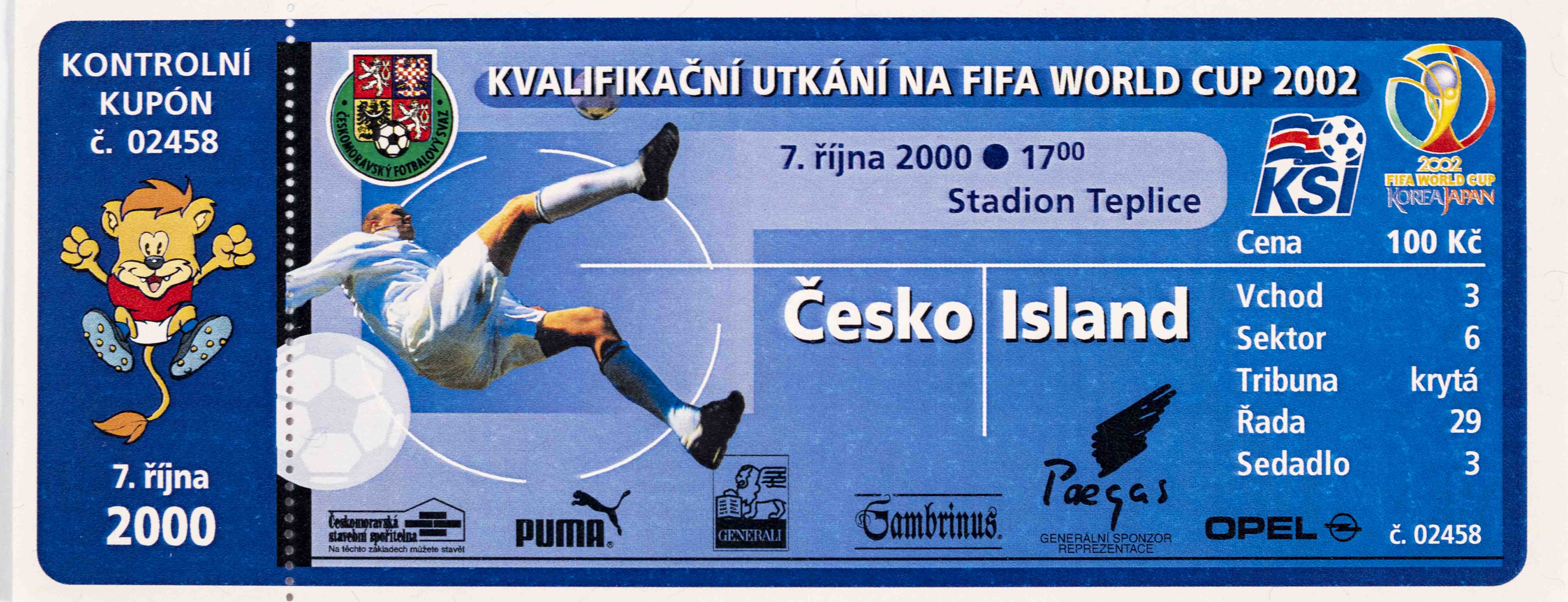 Vstupenka fotbal Q 2002, ČR v. Island, 2000, modrá