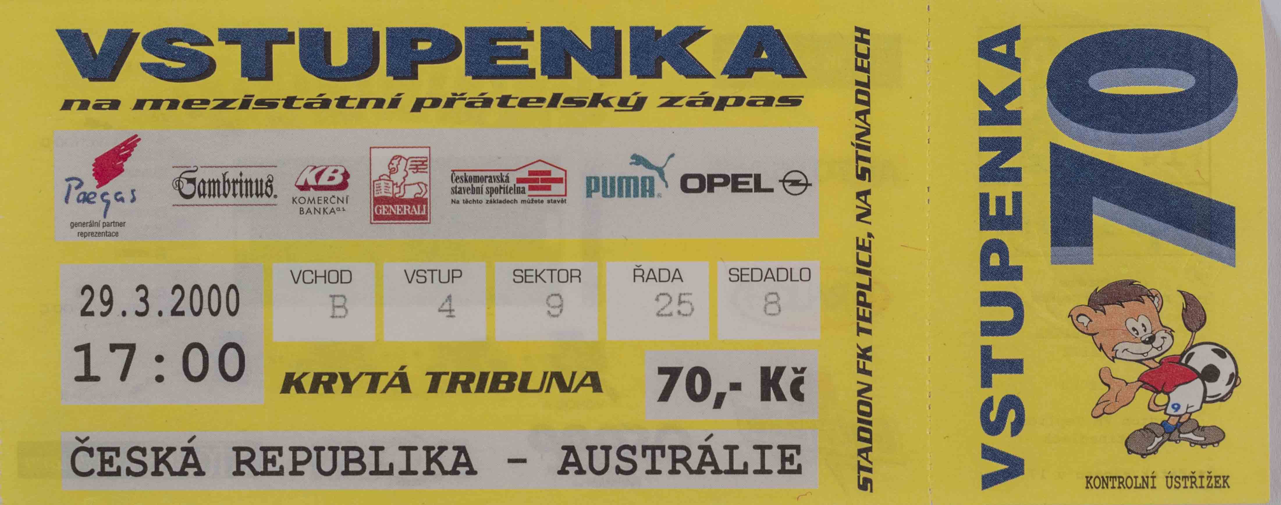 Vstupenka fotbal, ČR v. Austrálie, 2000