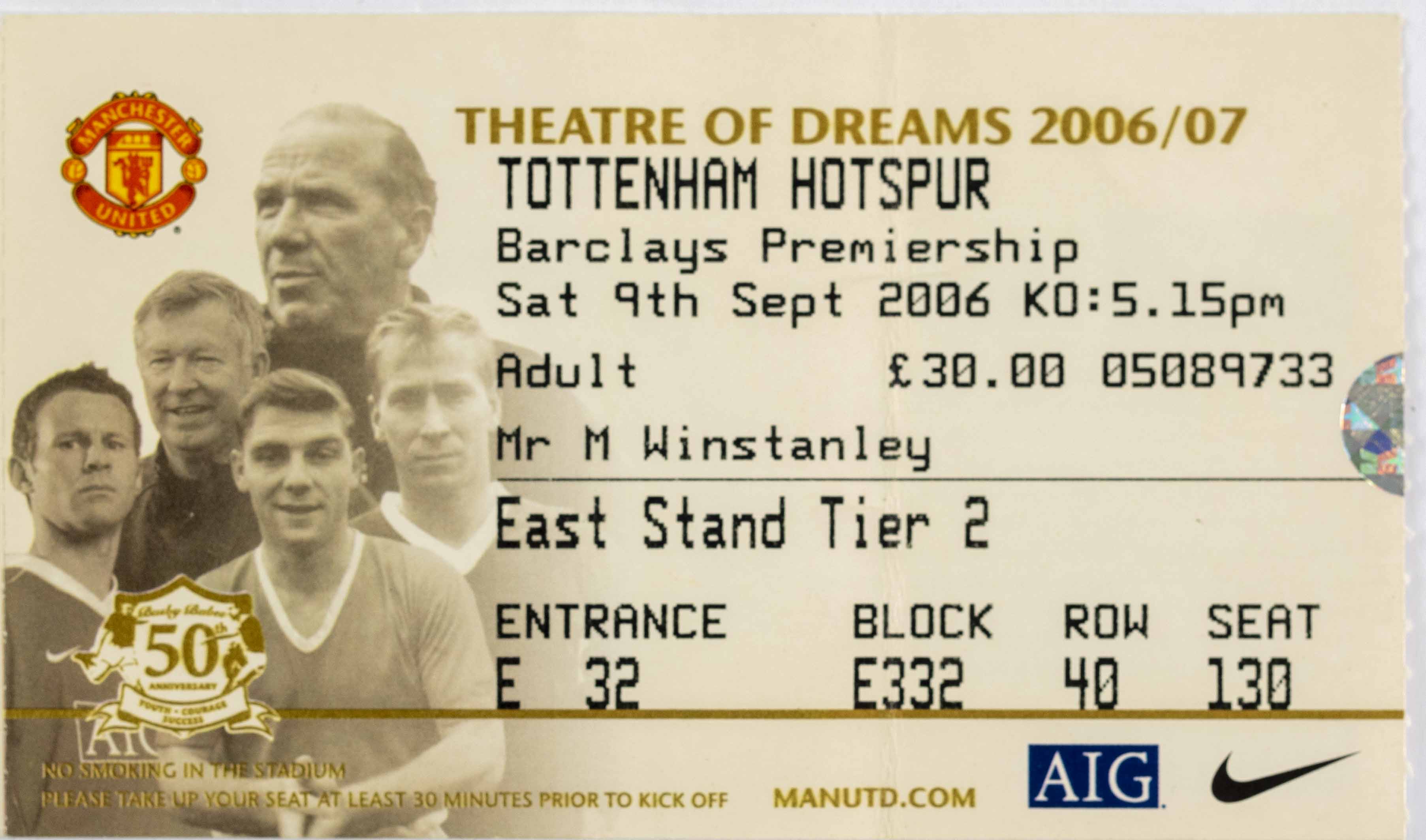 Vstupenka fotbal, Manchester United v. Totetnham Hotspur, 2006