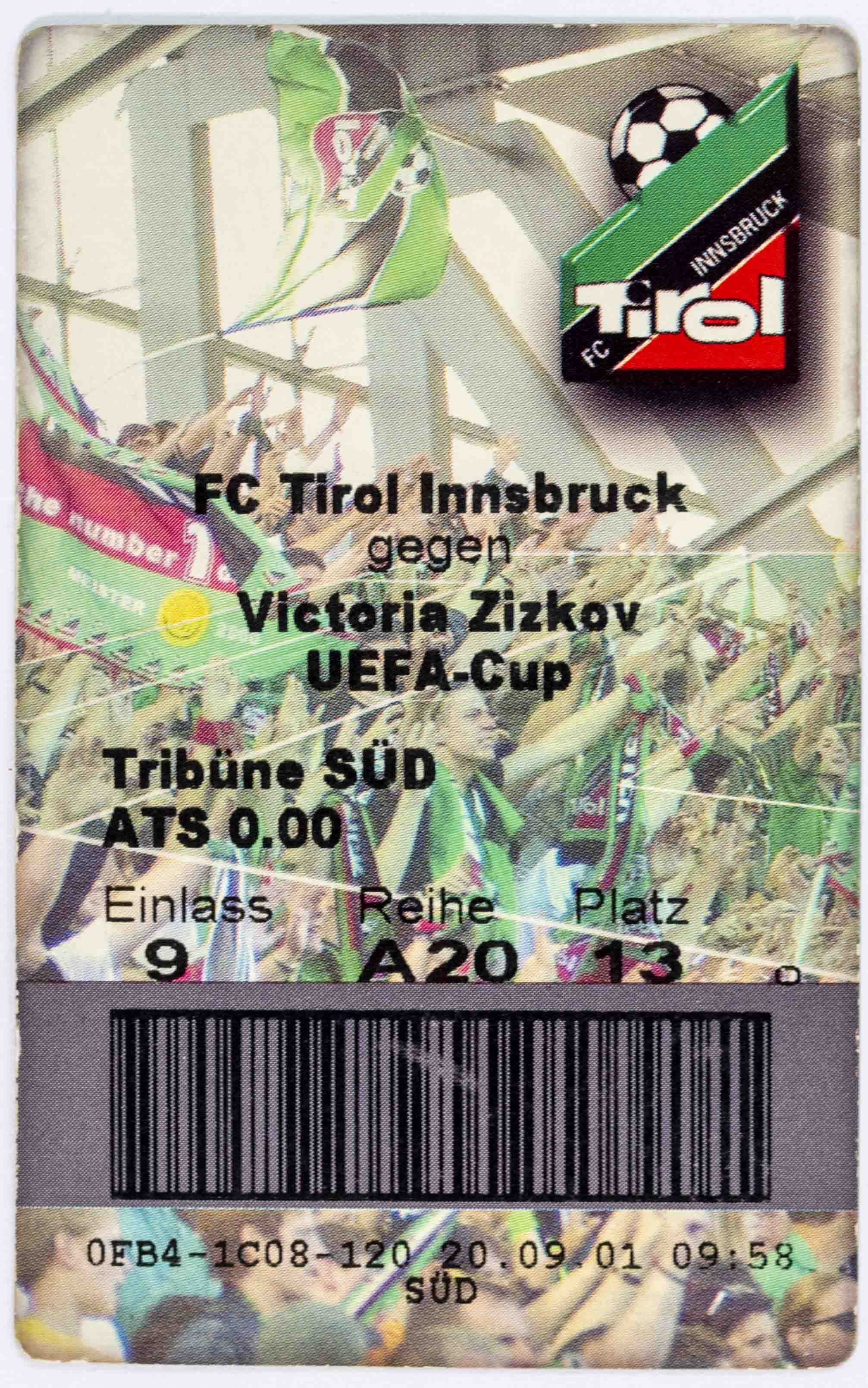 Vstupenka fotbal, FC Tirol Insbruck v Viktoria Žižkov, UEFA 2001