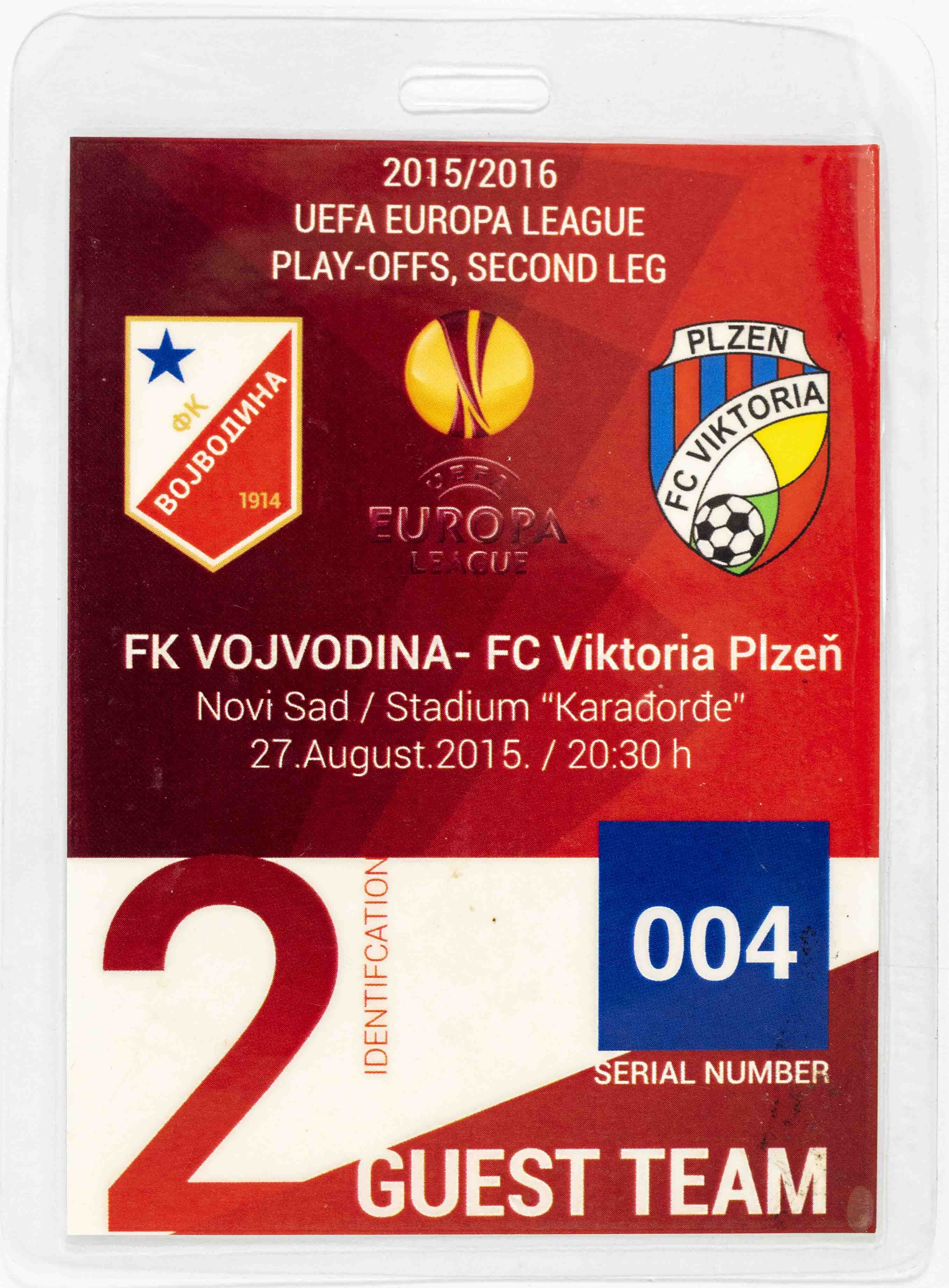Vstupenka - karta fotbal, FK Vojvodina v. Viktoria Plzeň, 2015