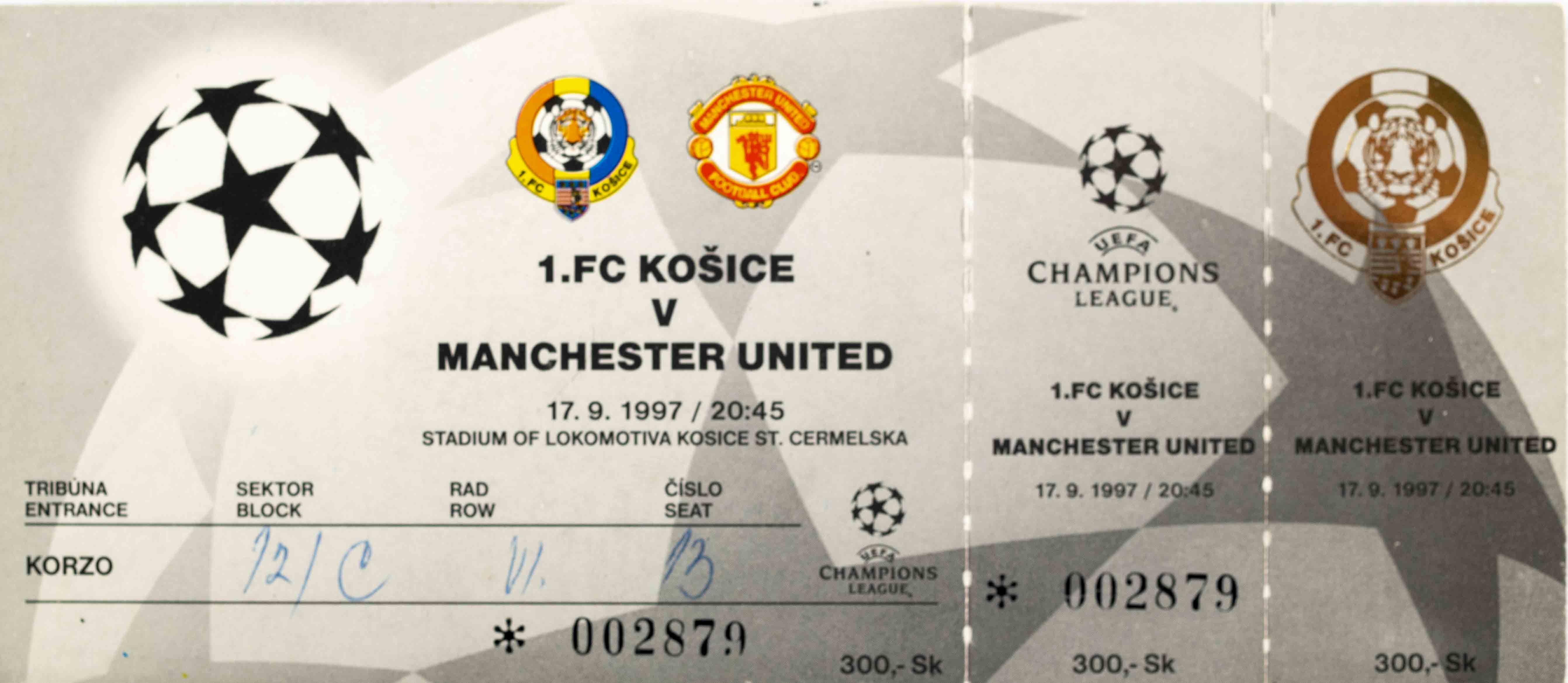 Vstupenka fotbal , UEFA CHL, 1. FC Košice v. Manchester United, 1997