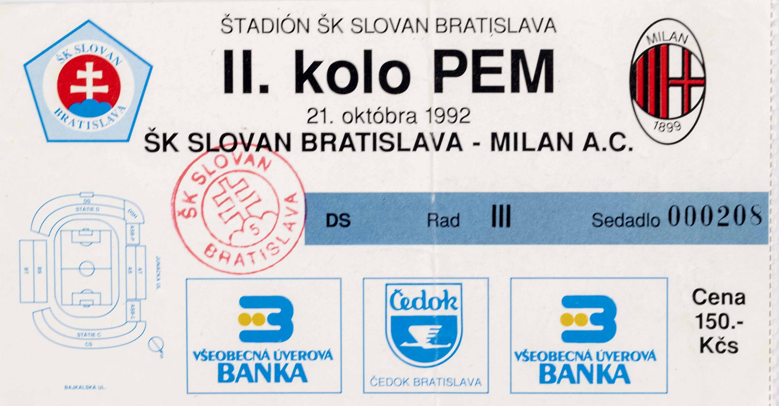Vstupenka fotbal ,PEM, ŠK Slovan Bratislava v. Milan AC, 1992(2)