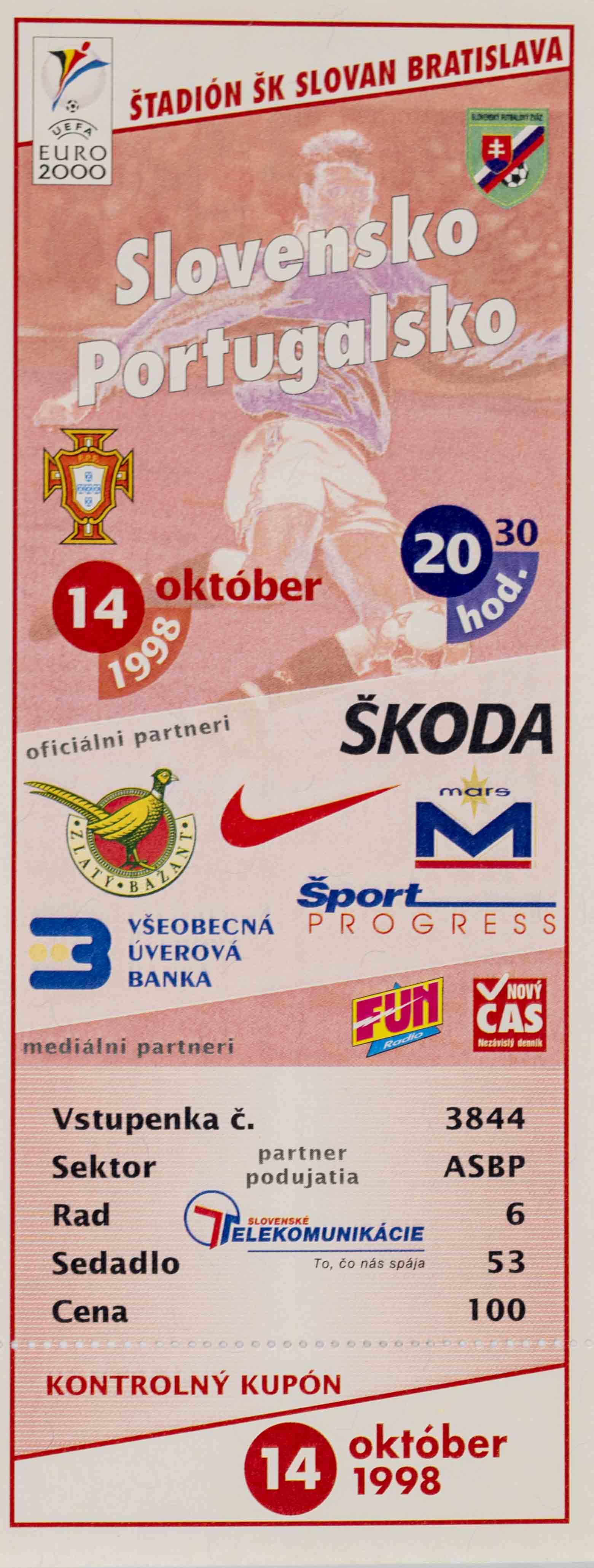 Vstupenka fotbal Q2000, Slovensko v. Portugalsko, 1998 2