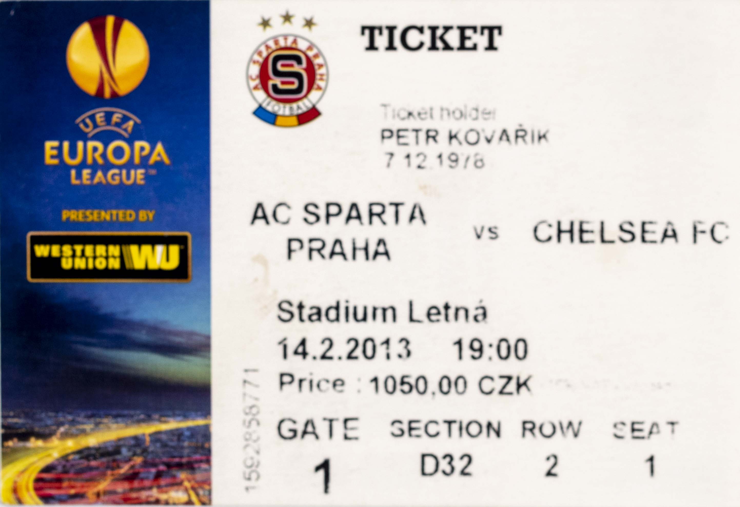 Vstupenka UEFA EL, Sparta Praha v. Chelsea FC, 2013 II