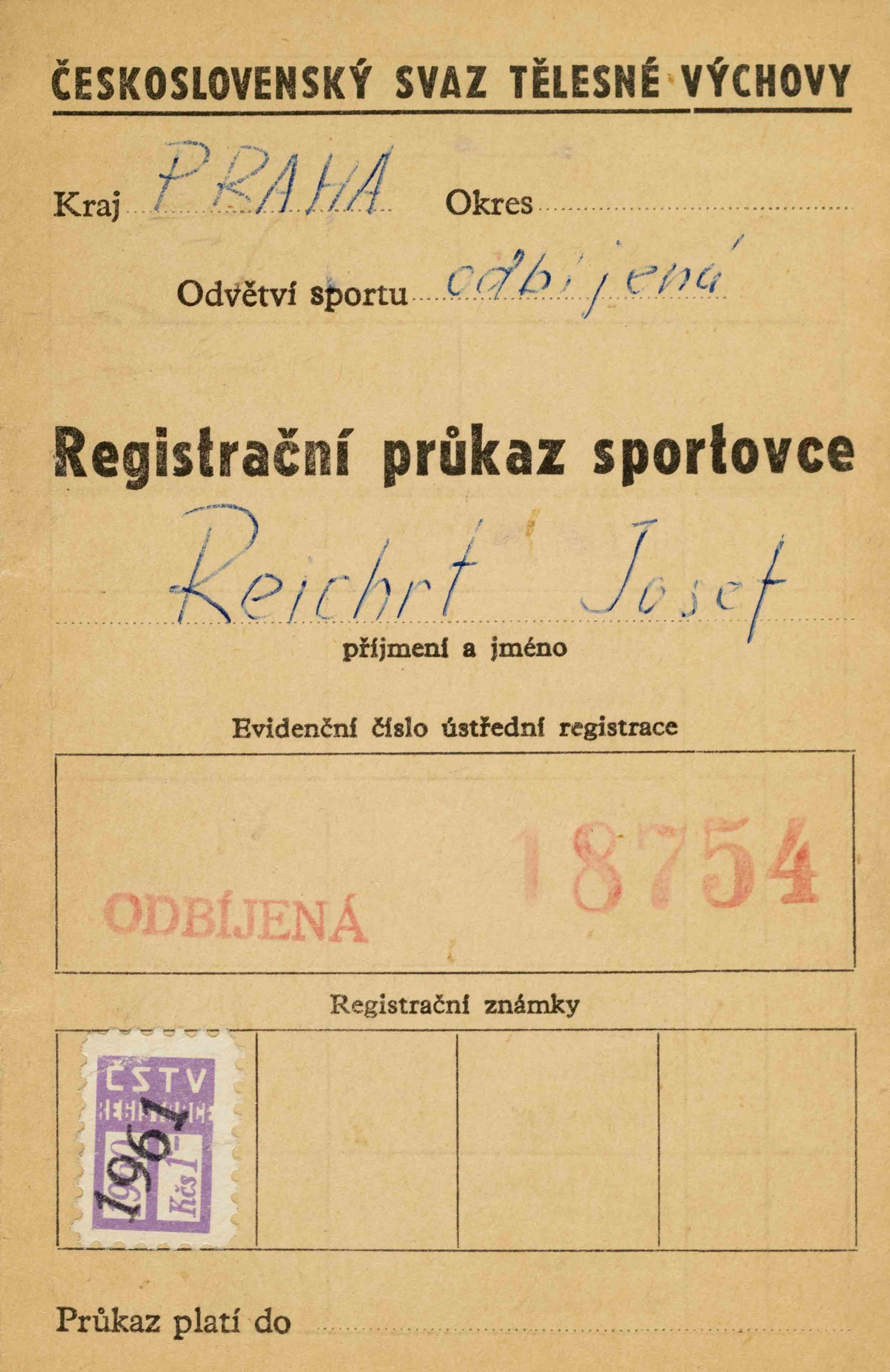 Registrační Průkaz sportovce, Odbíjená 1961