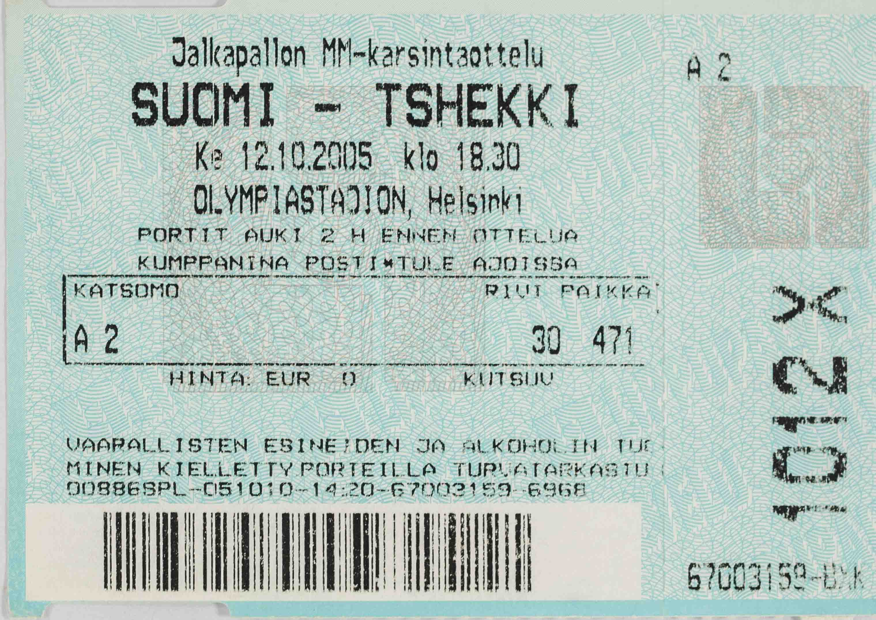 Vstupenka fotbal, Suomi v. Tshekki, 2005